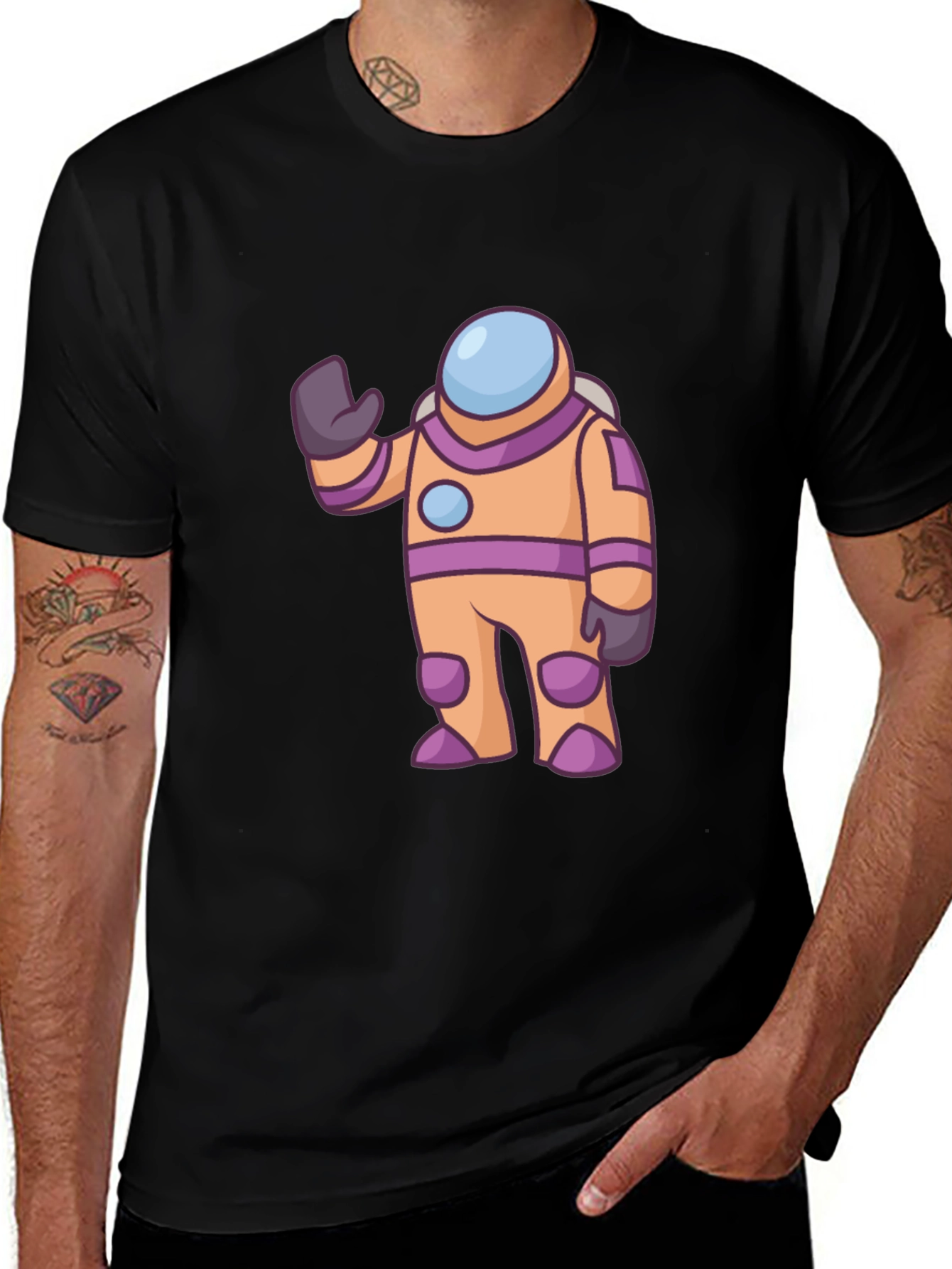 Astronaut Cartoon Graphic Tee - Black Cotton T-Shirt