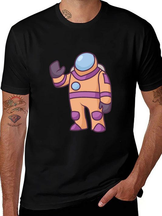 Astronaut Cartoon Graphic Tee - Black Cotton T-Shirt