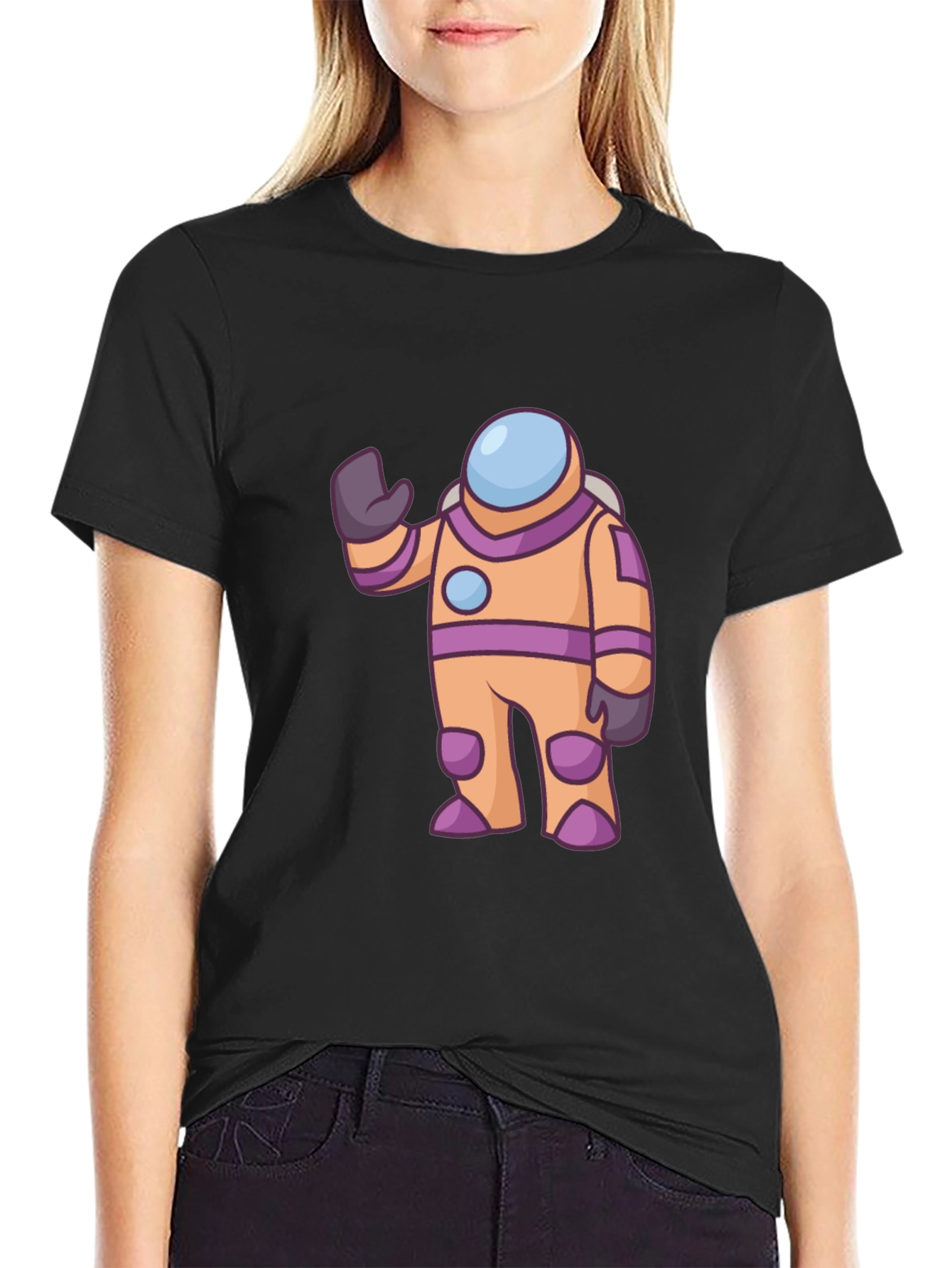 Astronaut Cartoon Graphic Tee - Black Cotton T-Shirt