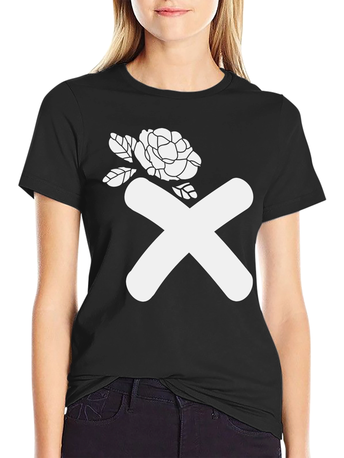 Abstract Rose & X Graphic Black T-Shirt