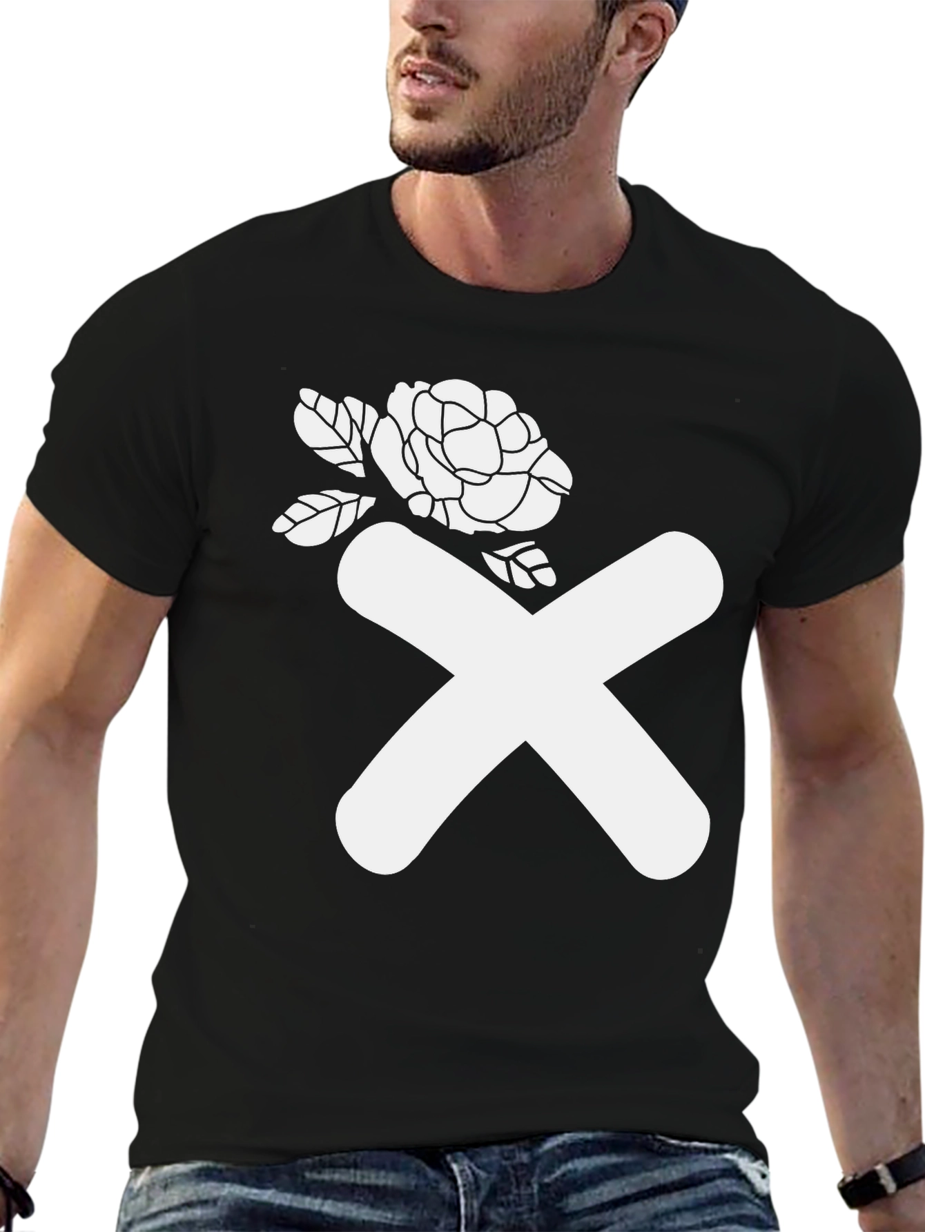 Abstract Rose & X Graphic Black T-Shirt