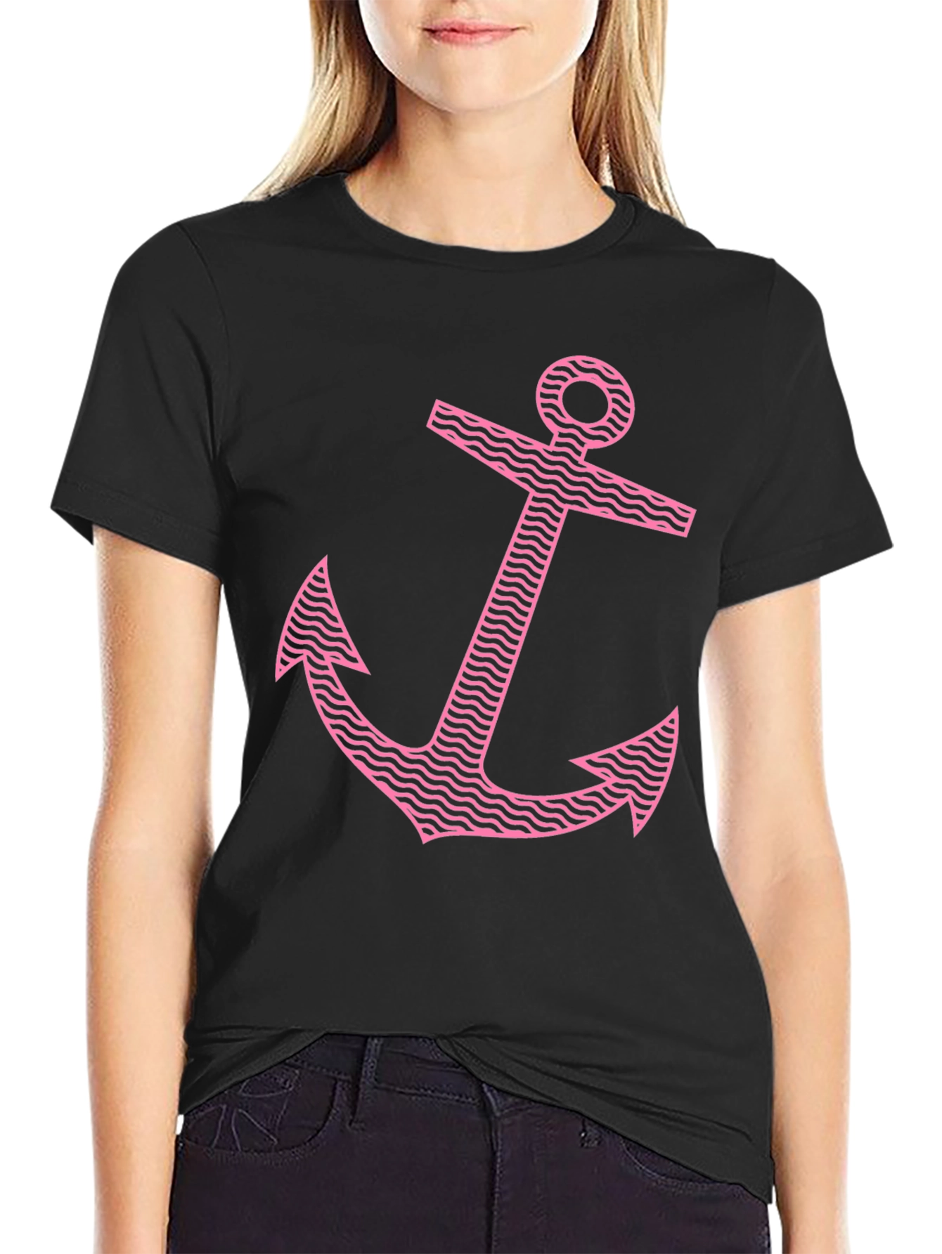 Anchor Graphic Tee - Pink Print on Black