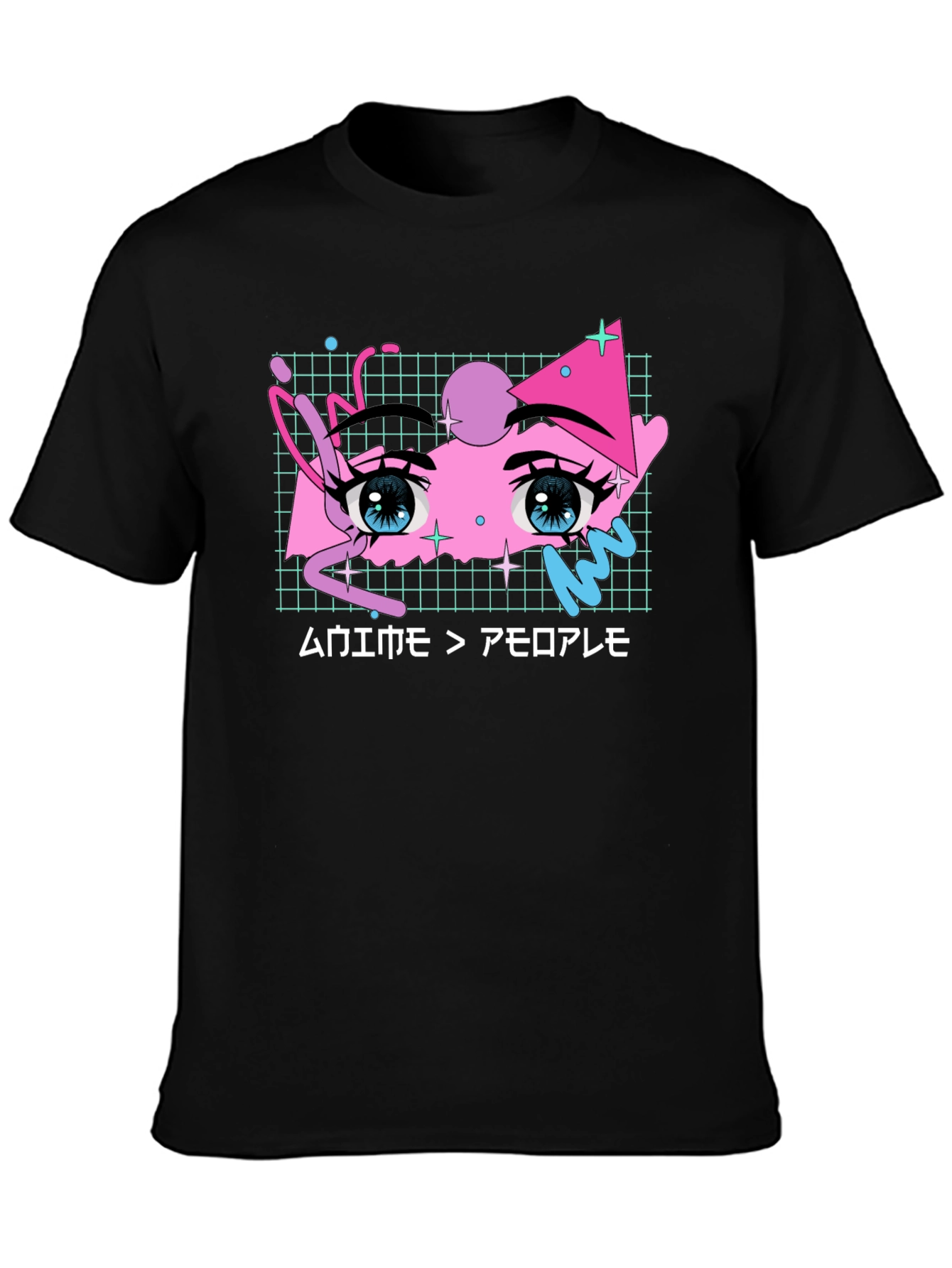 Anime Eyes Graphic Tee - Black Cotton T-Shirt