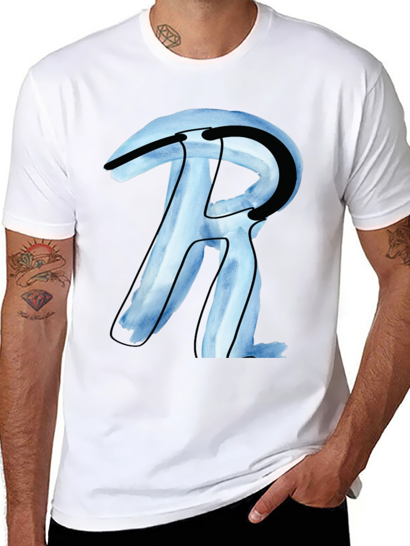 Abstract R Letter Graphic Black T-Shirt