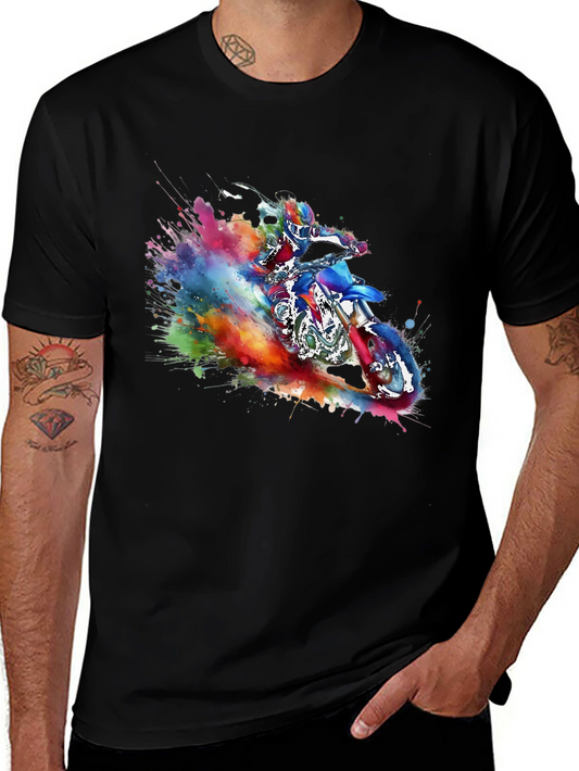 Watercolor Motocross Graphic Tee - Black Cotton Blend