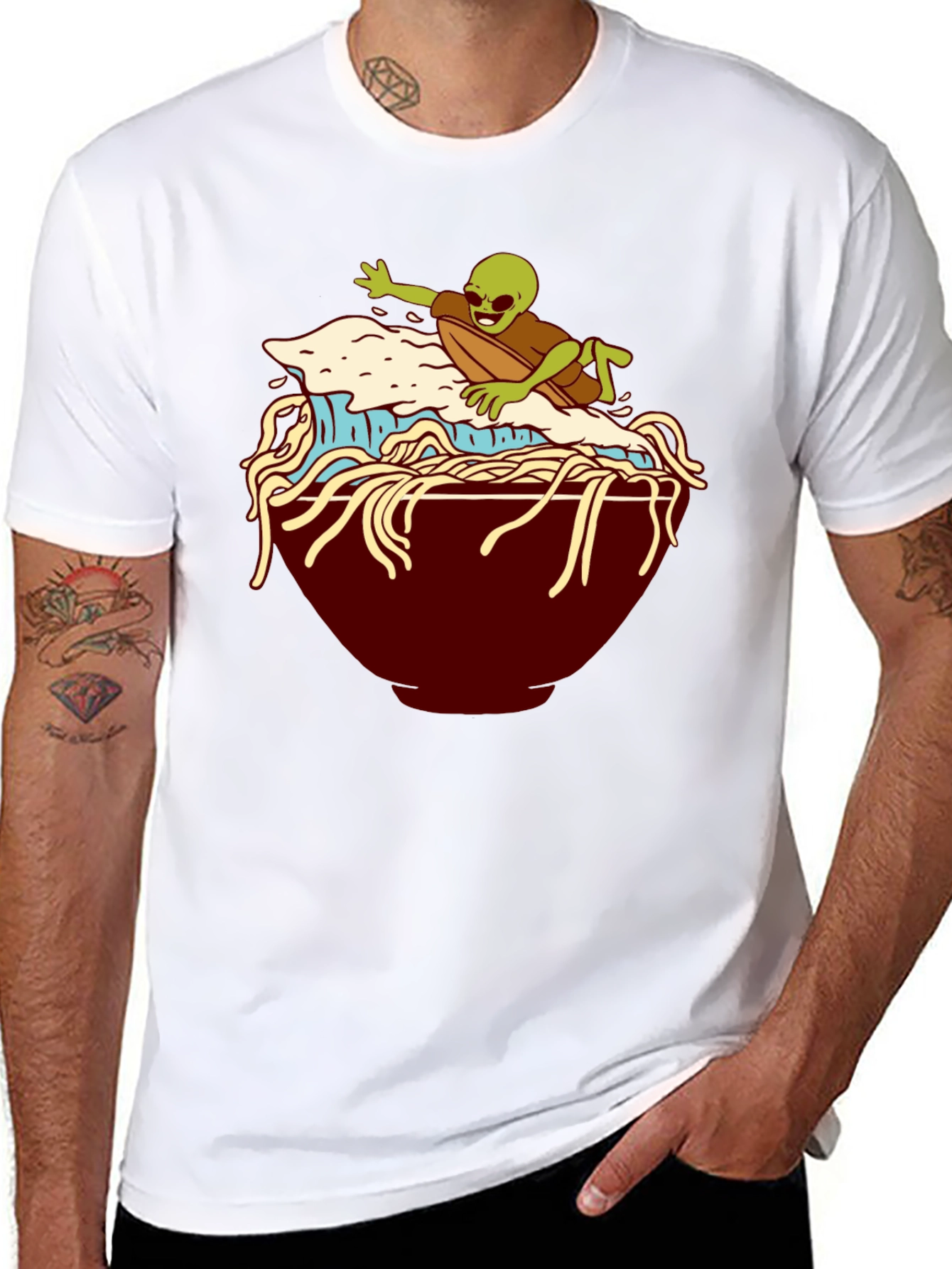 Alien Surfing Noodles Graphic T-Shirt