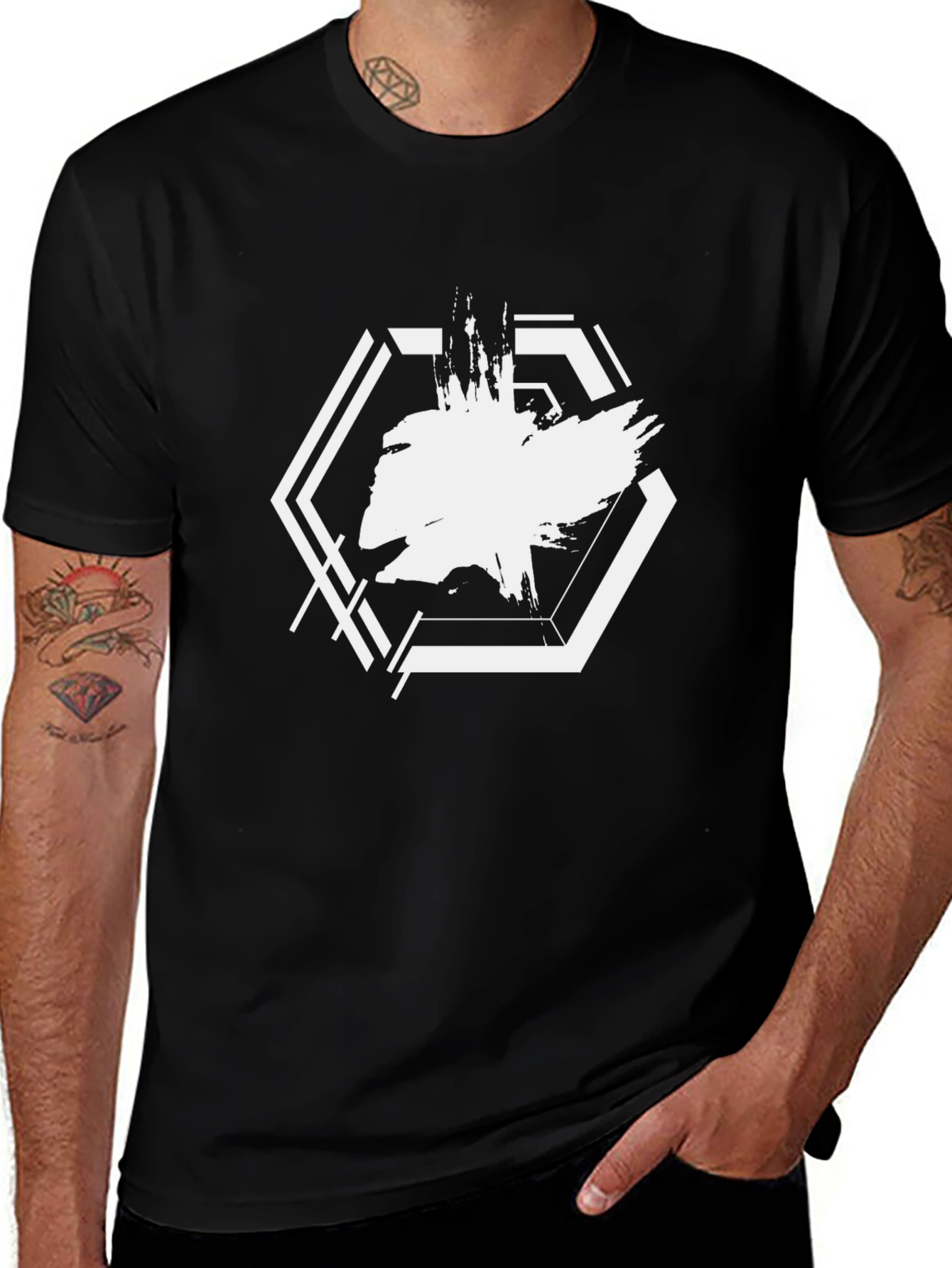 Abstract Hexagon Graphic Black T-Shirt