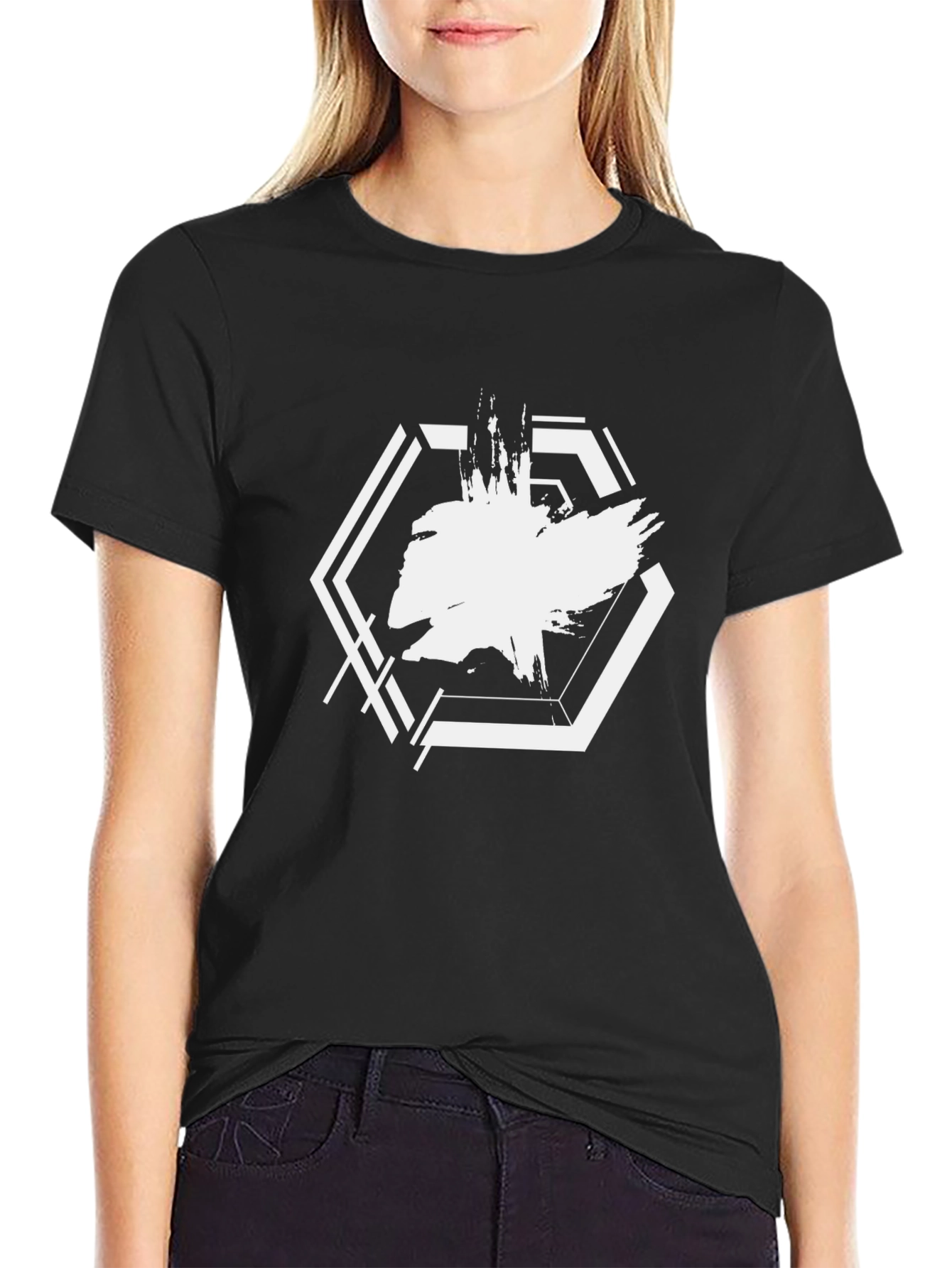 Abstract Hexagon Graphic Black T-Shirt