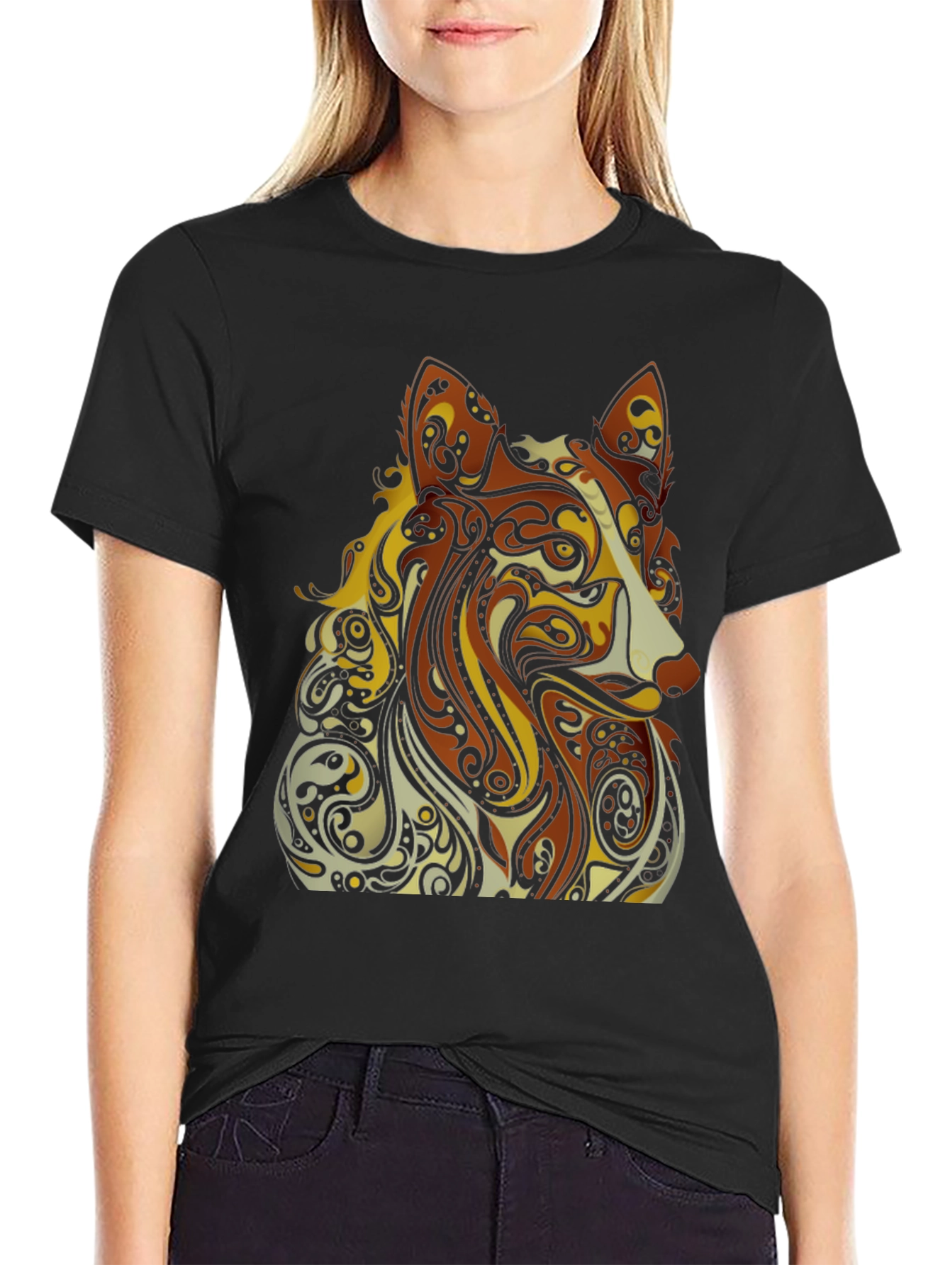 Abstract Dog Graphic Black T-Shirt - Artistic Style