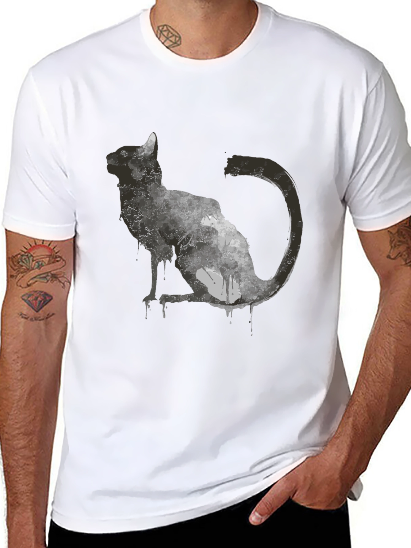 Abstract Cat Graphic T-Shirt - Black