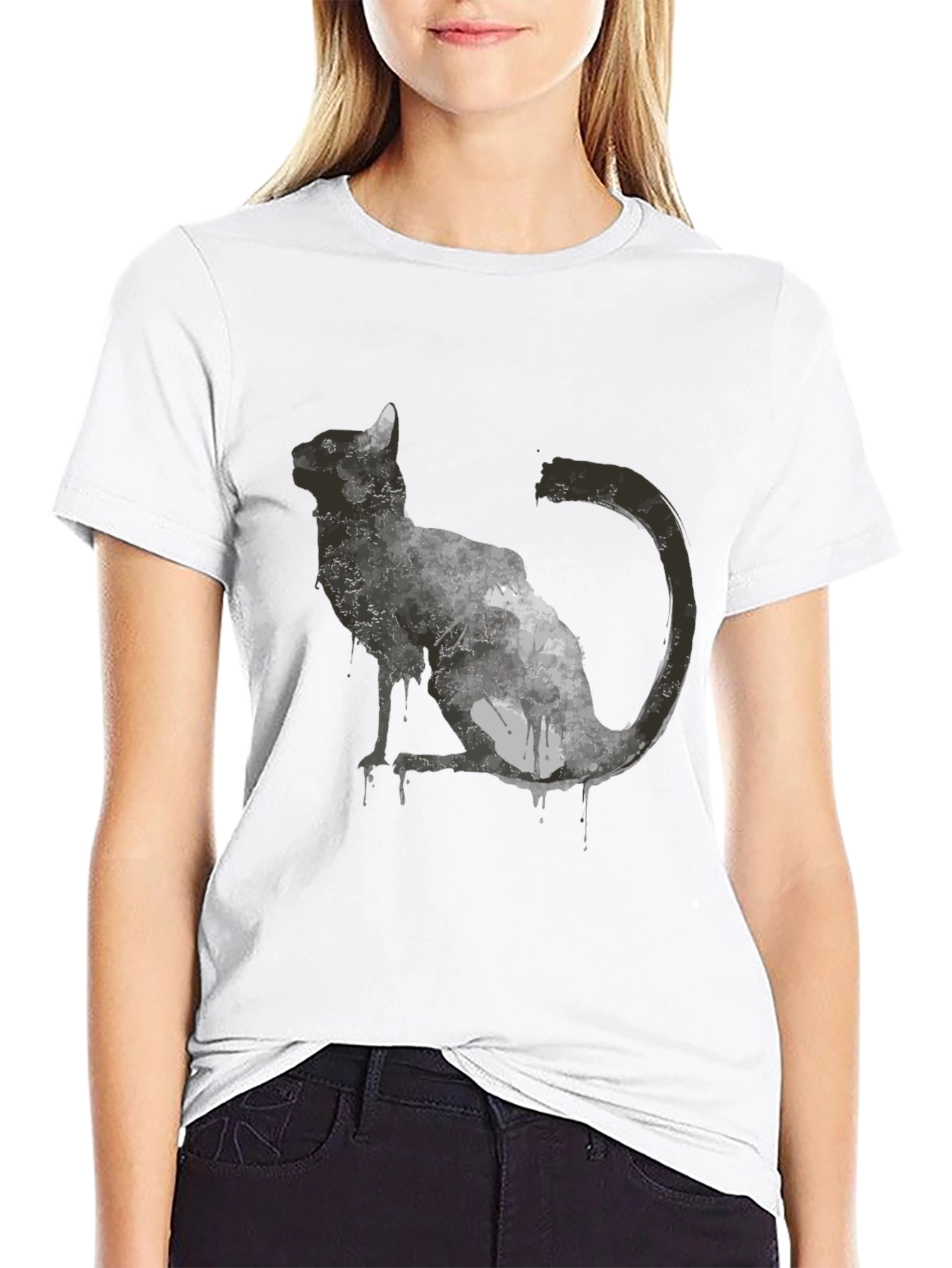 Abstract Cat Graphic T-Shirt - Black