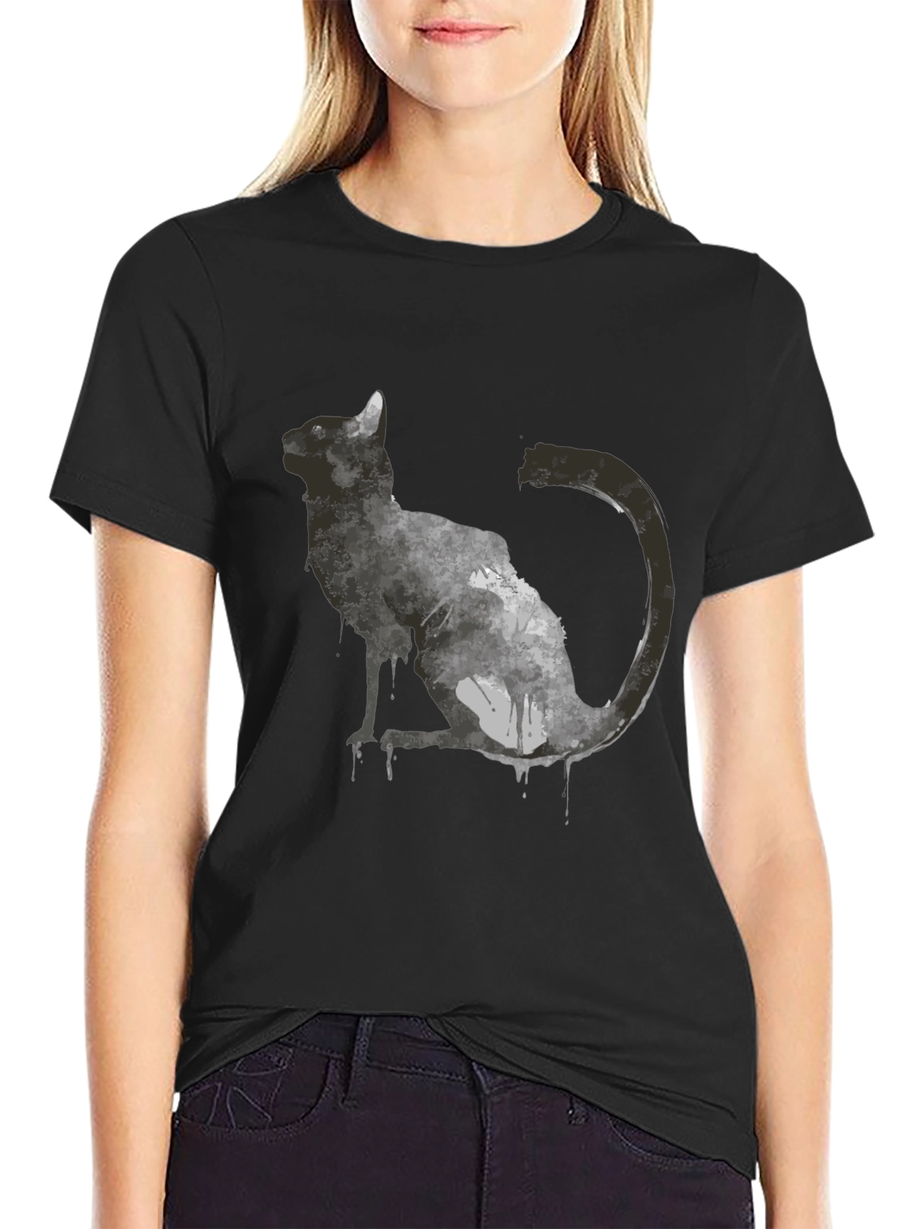 Abstract Cat Graphic T-Shirt - Black