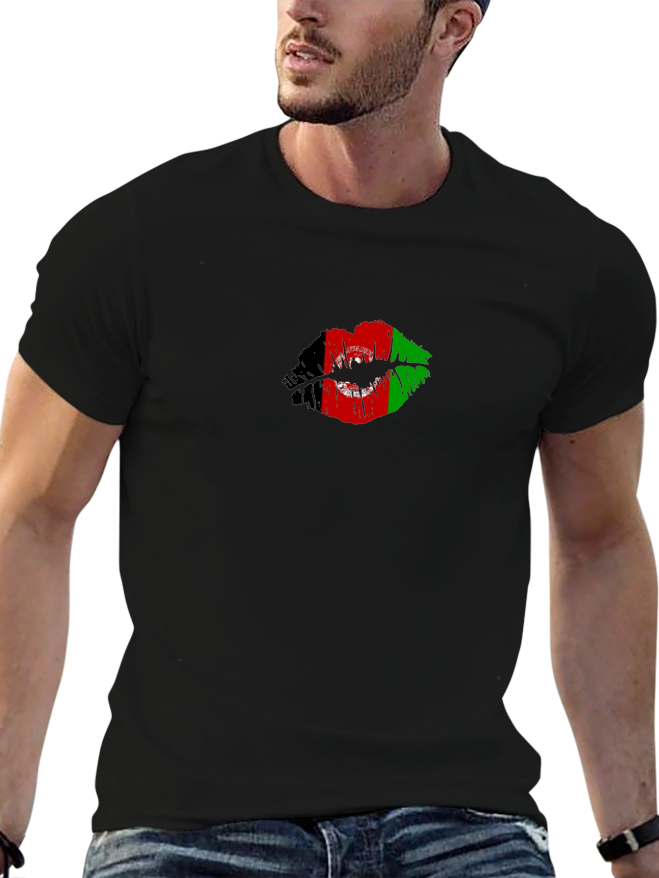Afghanistan Flag Lips Mens Black T-Shirt