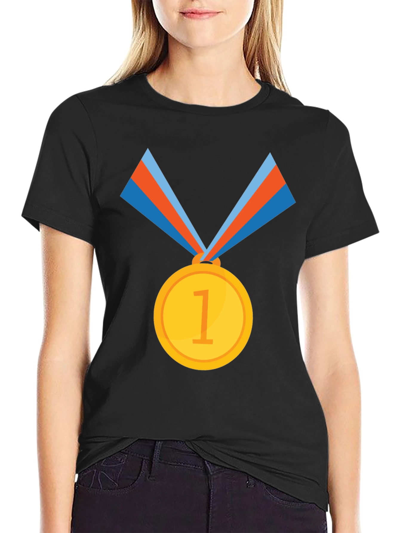 Winners Tee: Black Cotton T-Shirt with Gold Medal Design