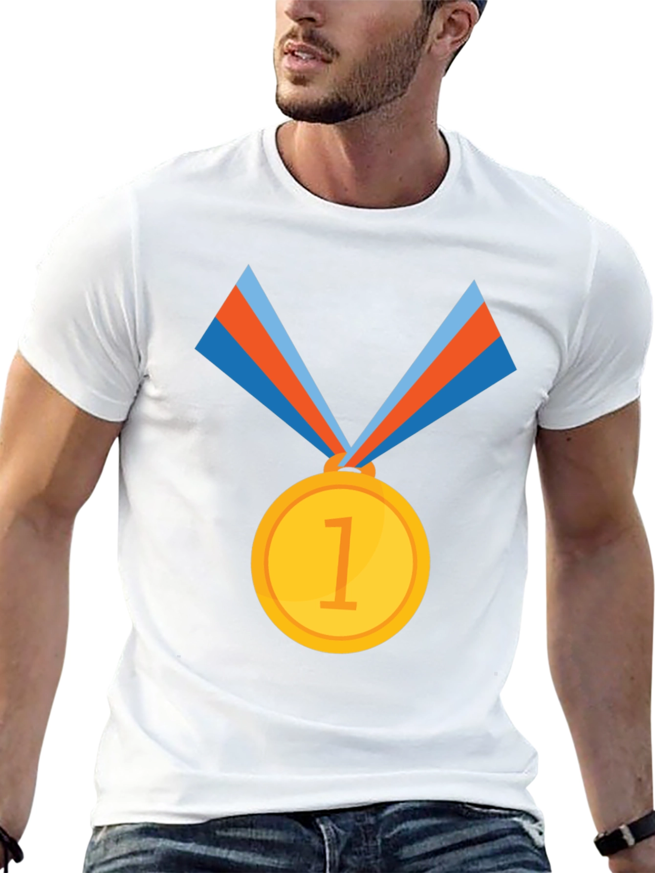 Winners Tee: Black Cotton T-Shirt with Gold Medal Design