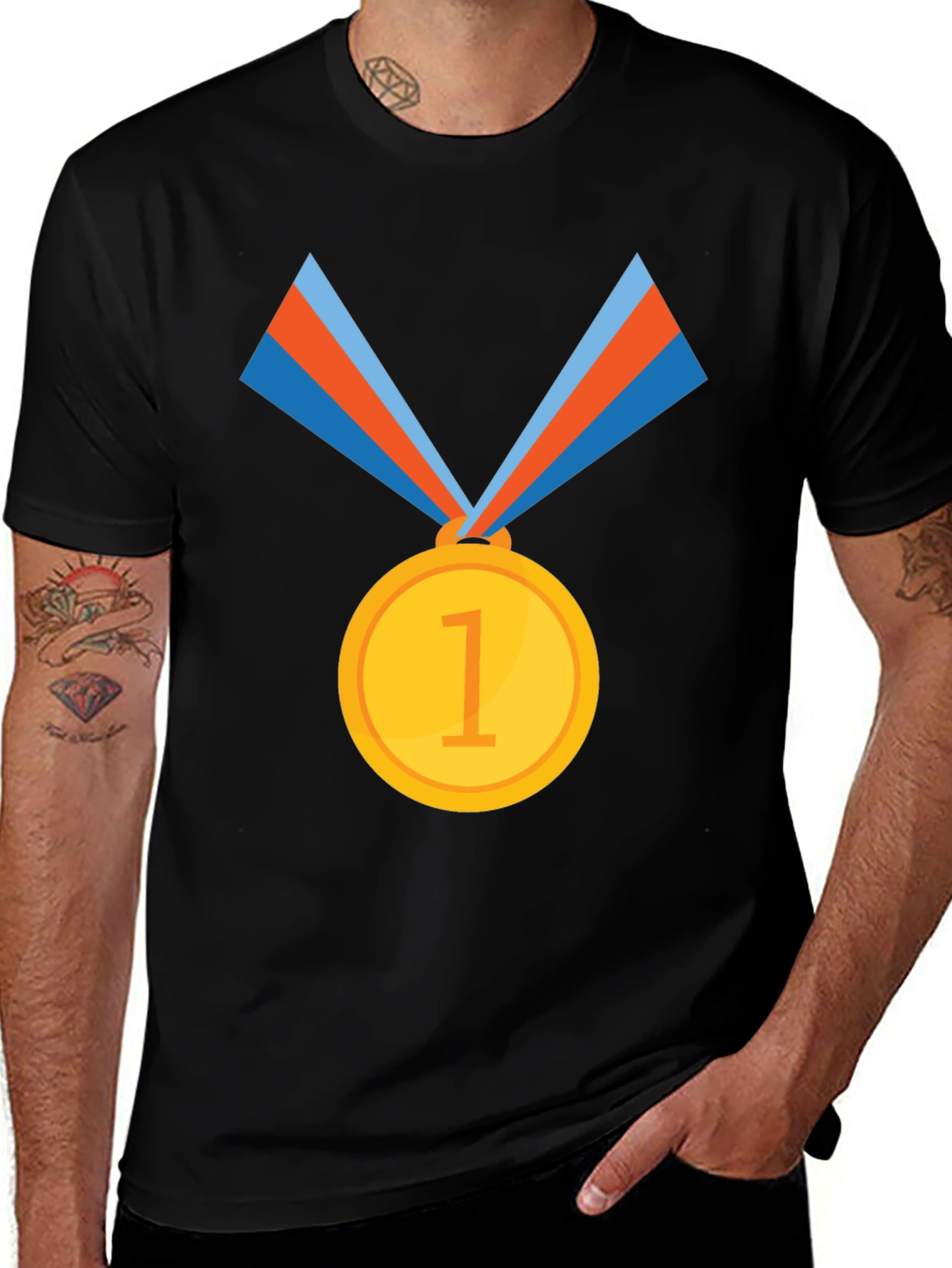 Winners Tee: Black Cotton T-Shirt with Gold Medal Design