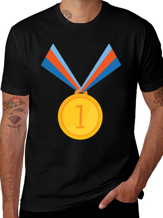 Winners Tee: Black Cotton T-Shirt with Gold Medal Design