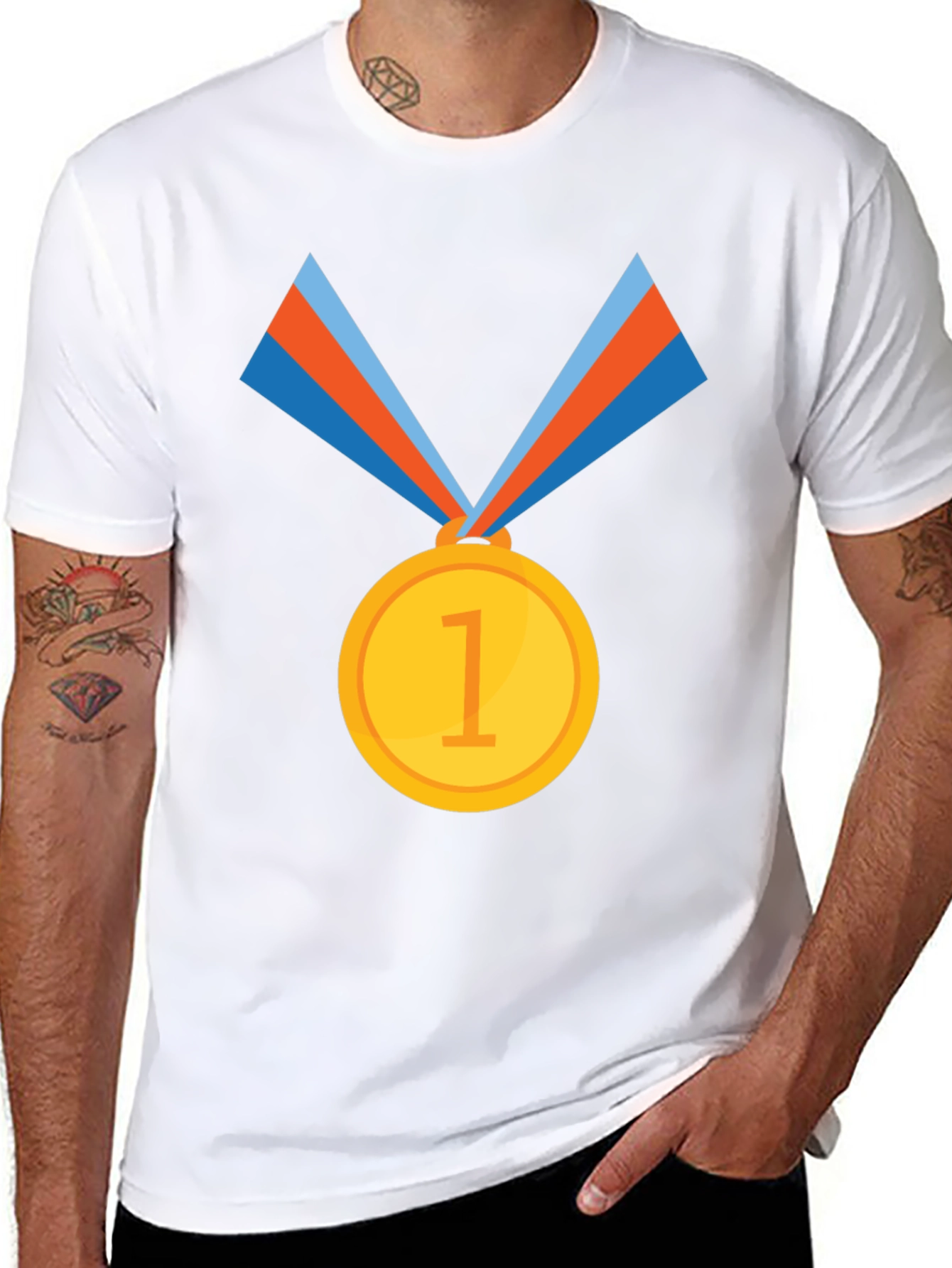 Winners Tee: Black Cotton T-Shirt with Gold Medal Design