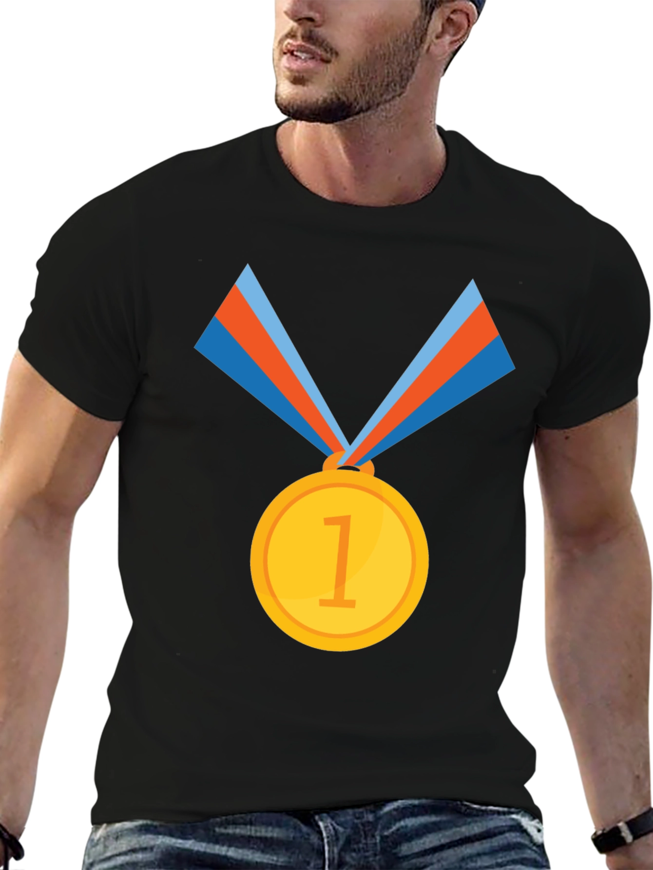 Winners Tee: Black Cotton T-Shirt with Gold Medal Design