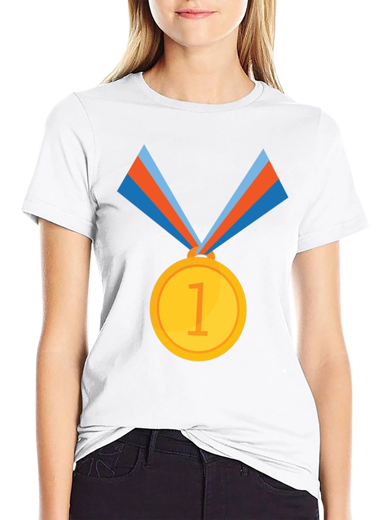 Winners Tee: Black Cotton T-Shirt with Gold Medal Design
