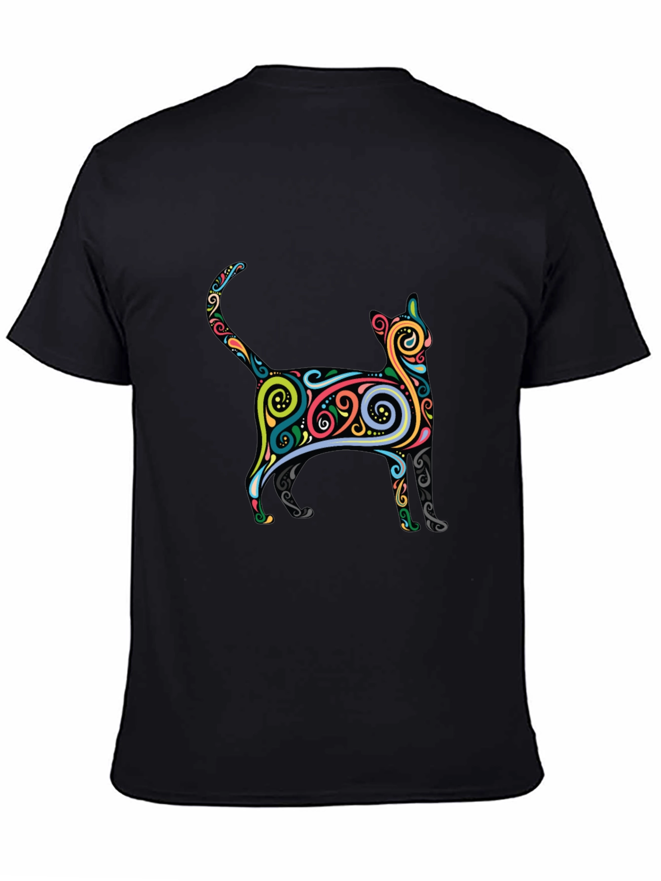 Whimsical Cat Graphic Tee - Black Cotton