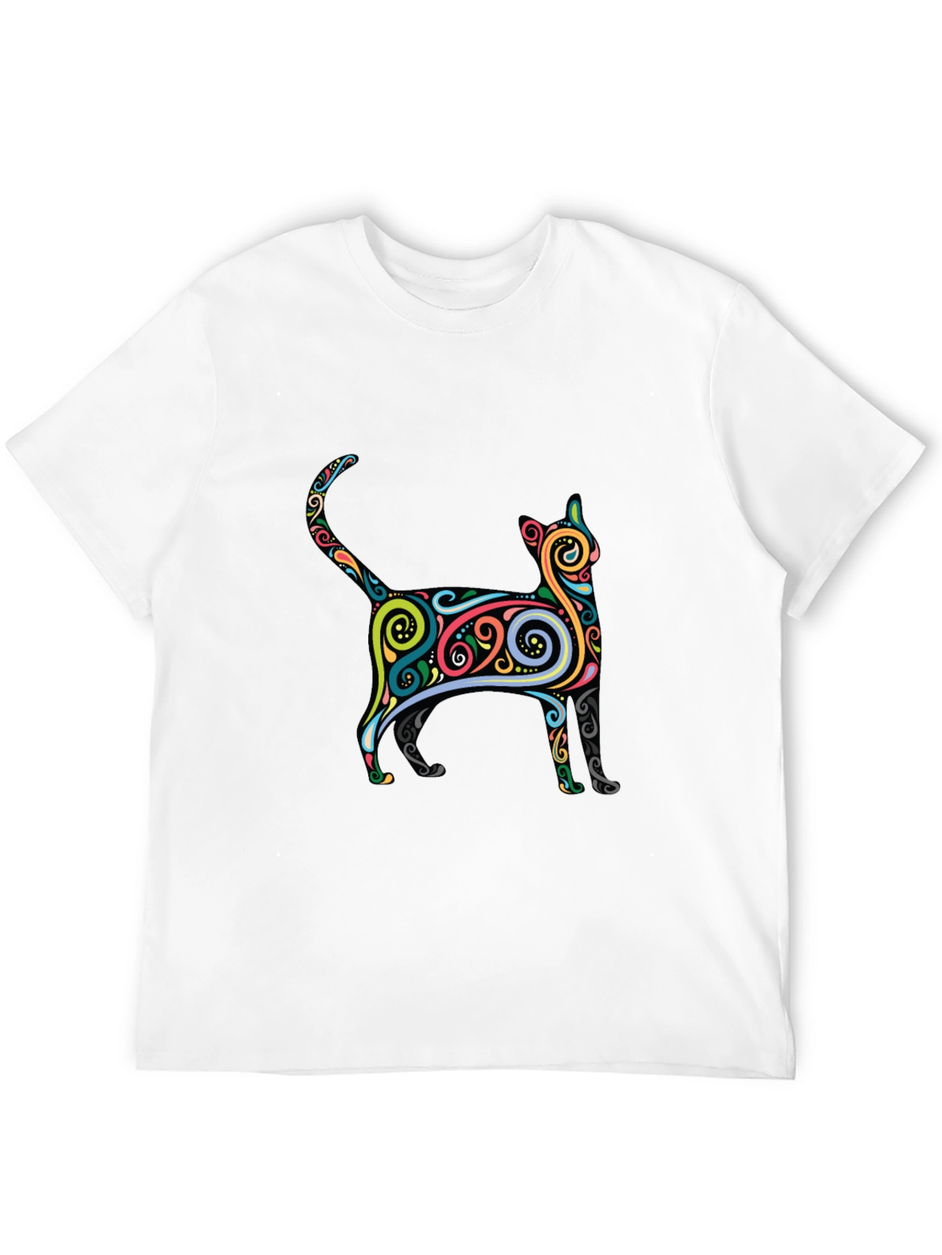 Whimsical Cat Graphic Tee - Black Cotton