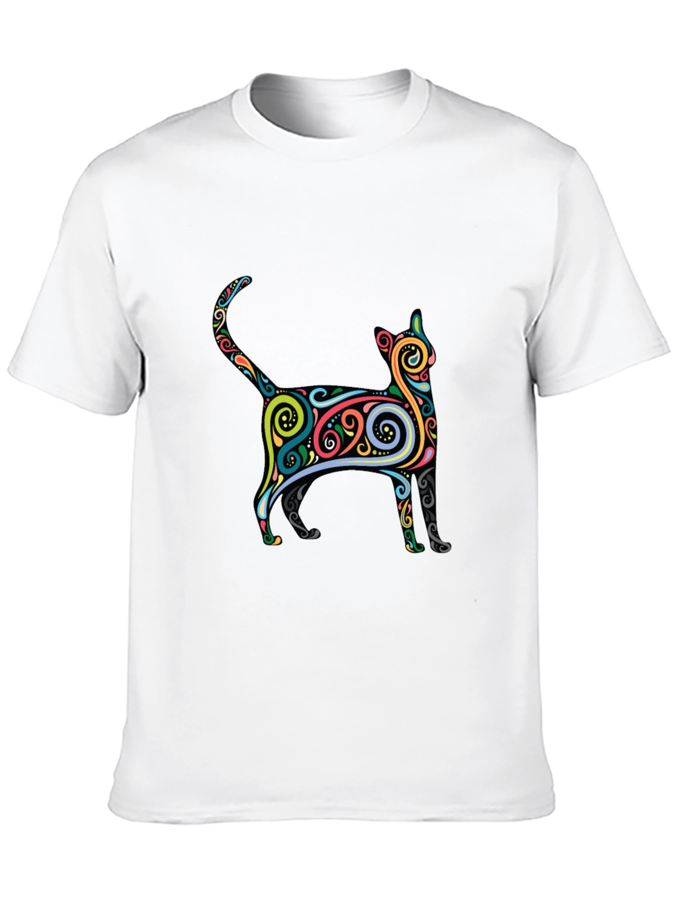 Whimsical Cat Graphic Tee - Black Cotton