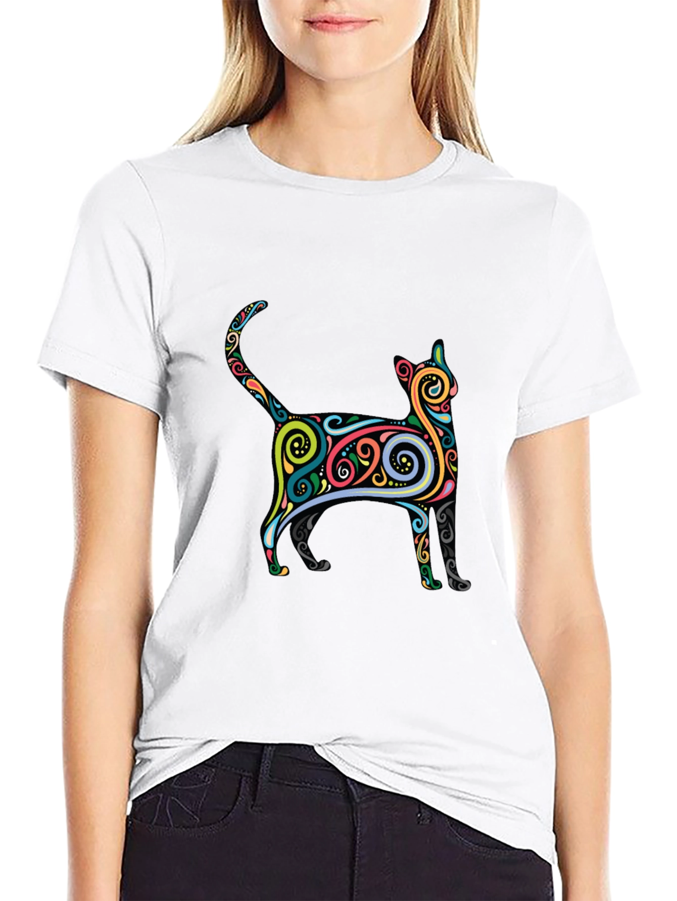 Whimsical Cat Graphic Tee - Black Cotton