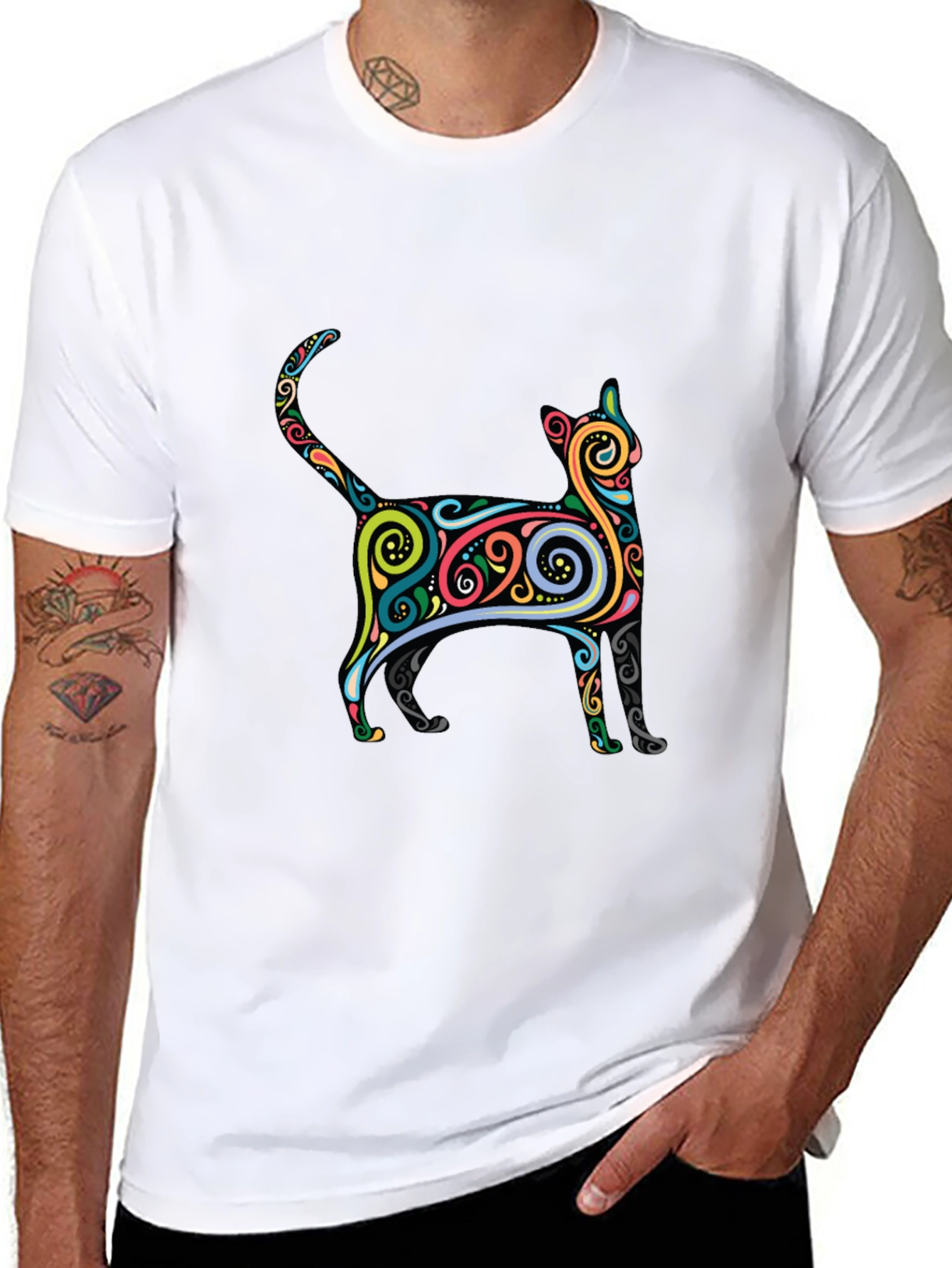 Whimsical Cat Graphic Tee - Black Cotton