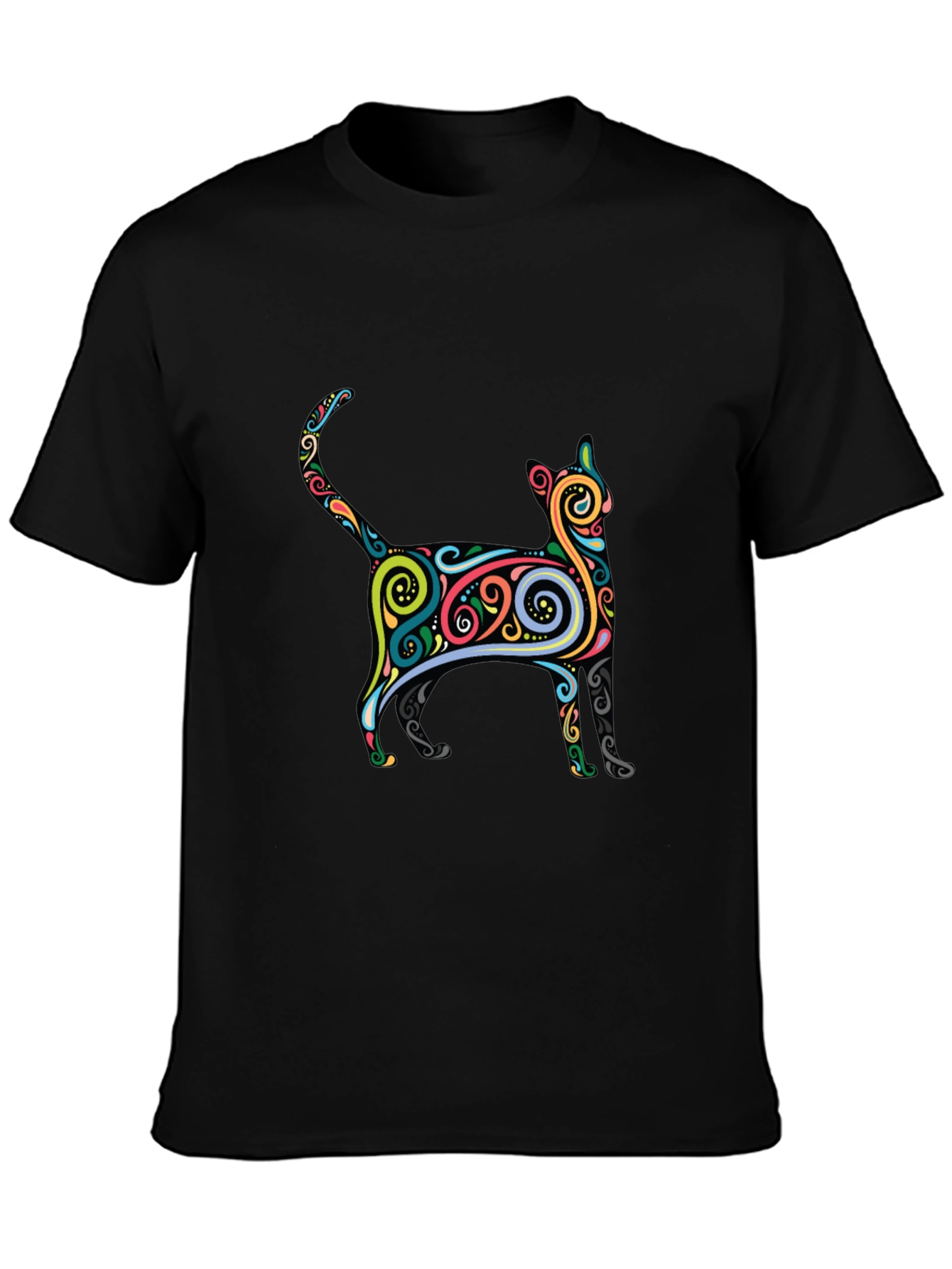 Whimsical Cat Graphic Tee - Black Cotton