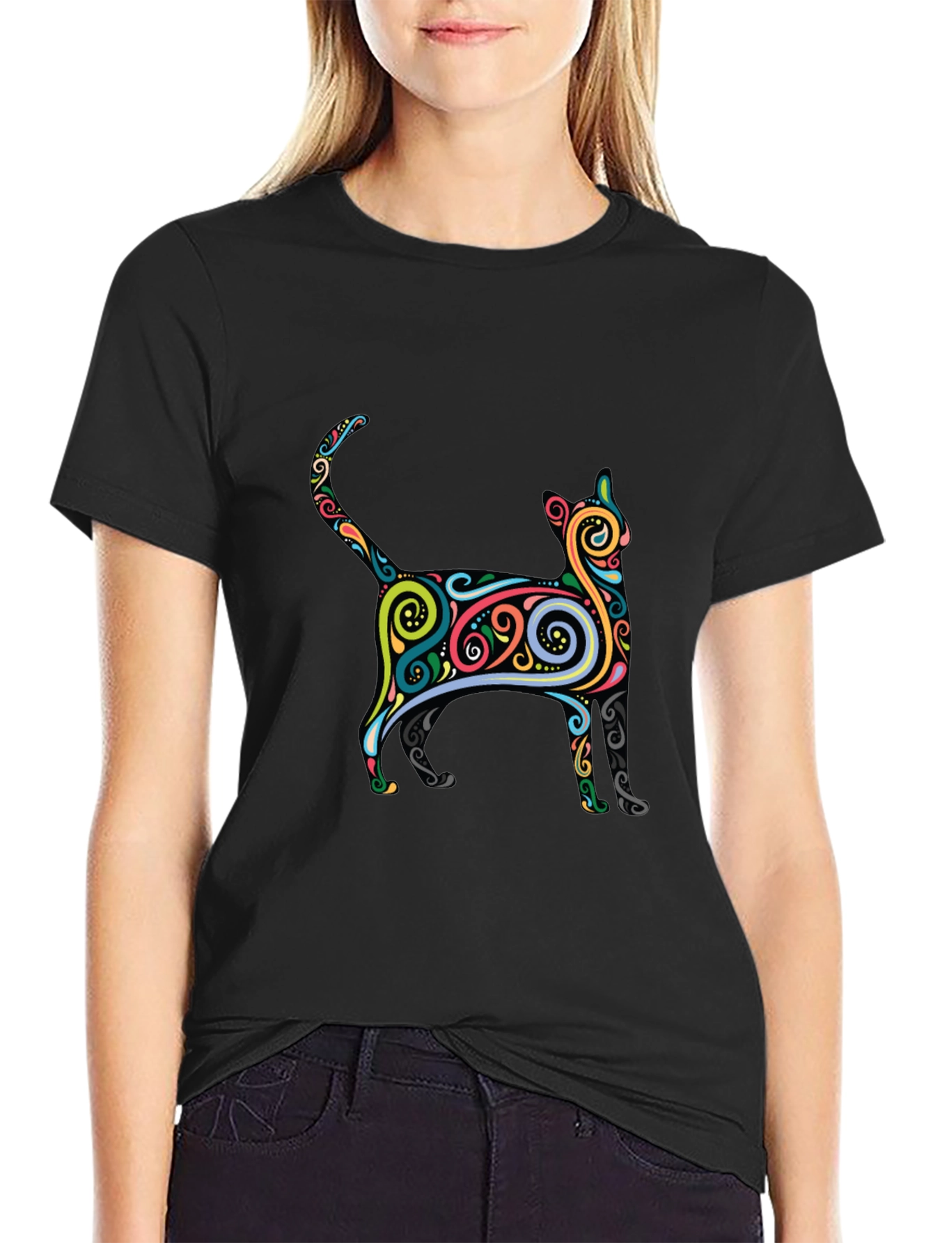 Whimsical Cat Graphic Tee - Black Cotton
