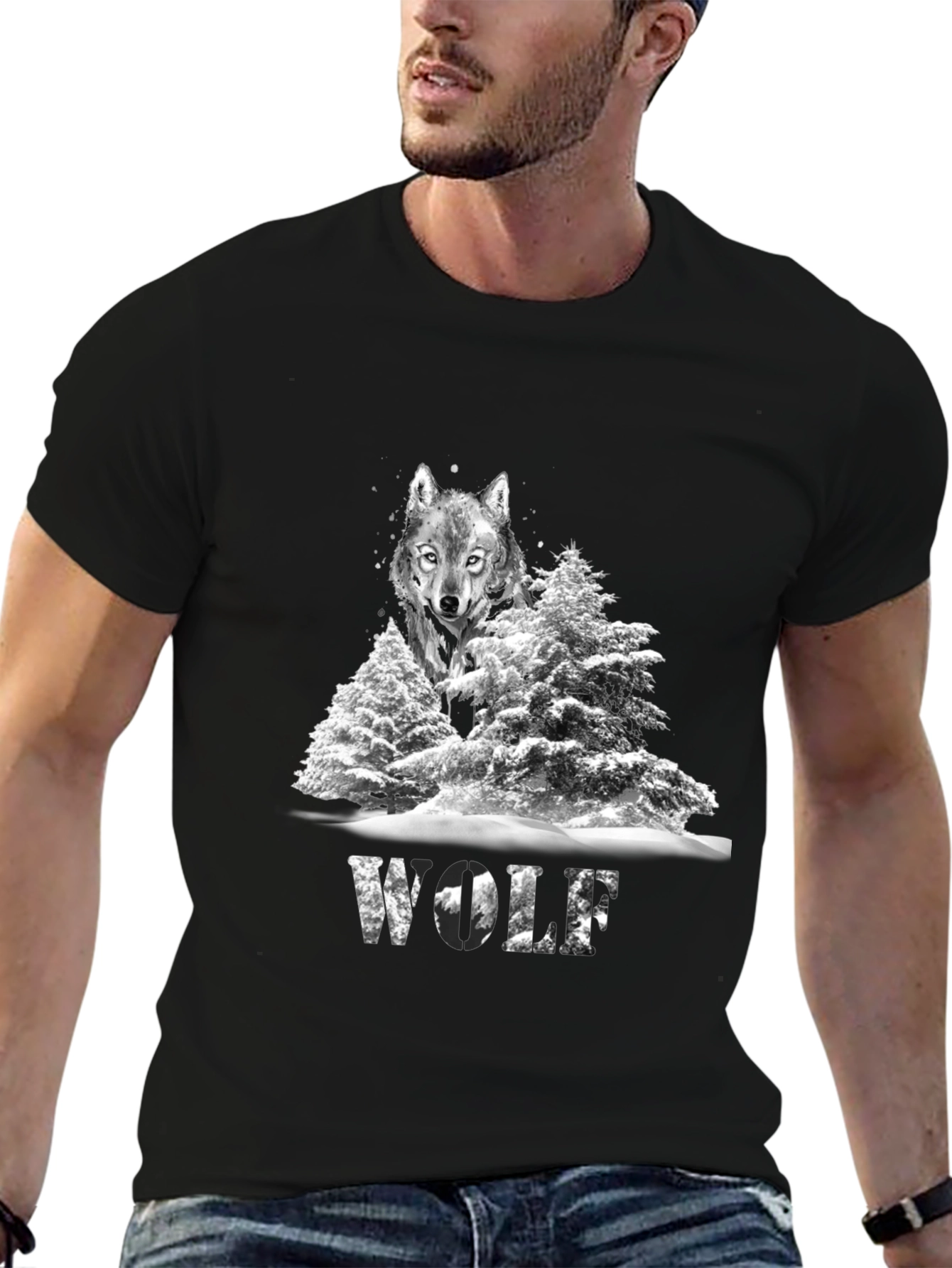 Wolf in Winter T-Shirt Graphic Print Black