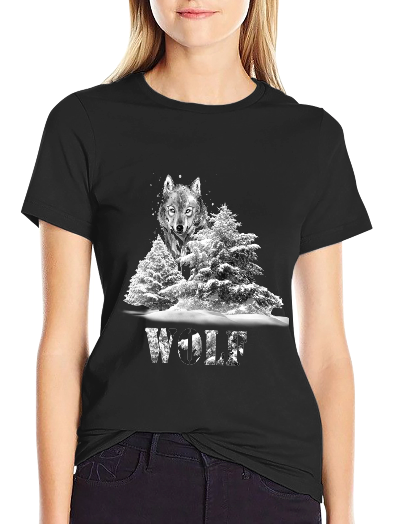 Wolf in Winter T-Shirt Graphic Print Black