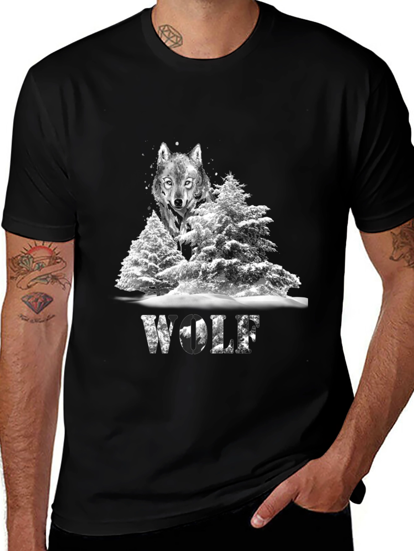 Wolf in Winter T-Shirt Graphic Print Black