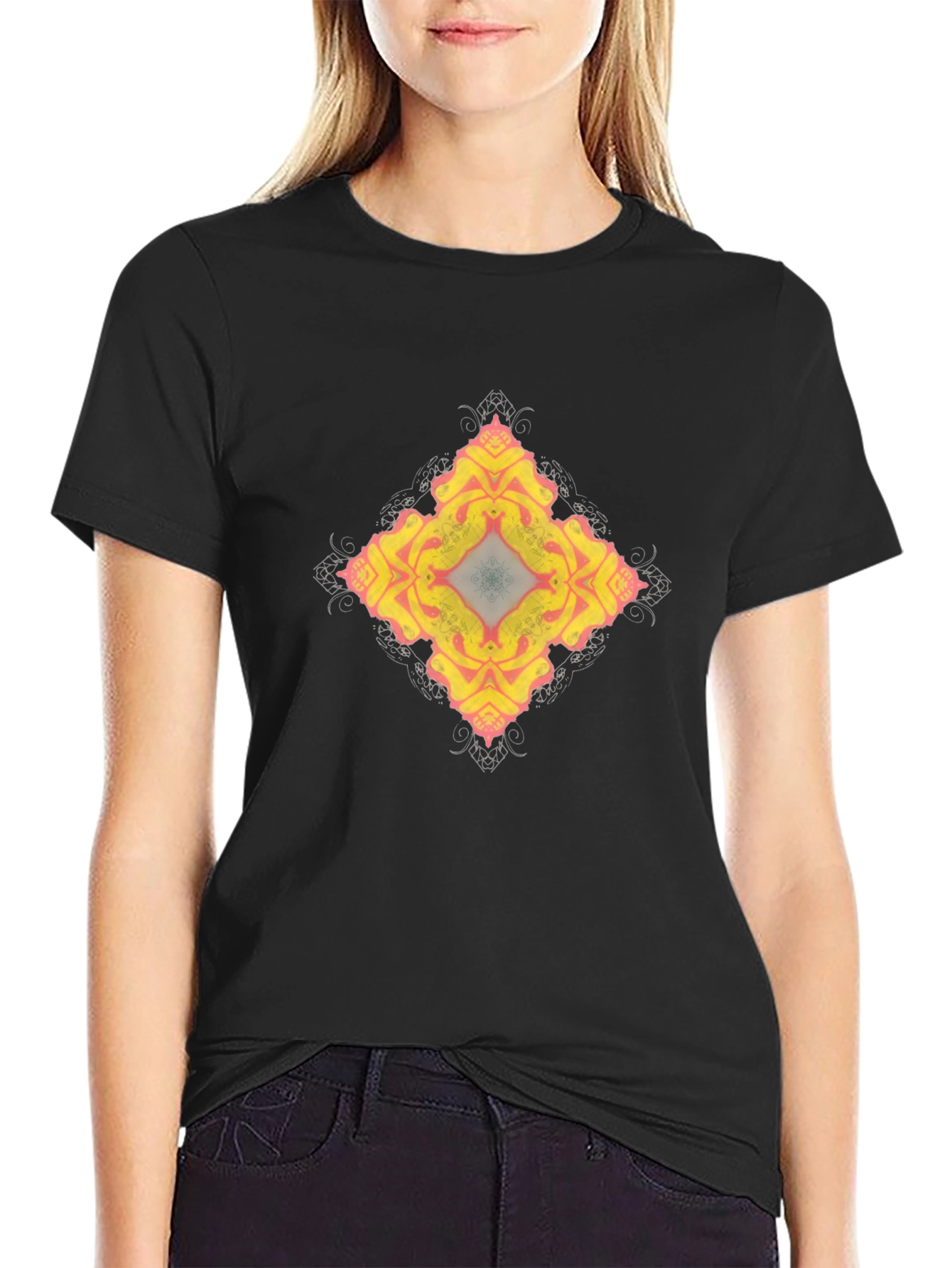 Abstract Floral Pattern Black T-Shirt