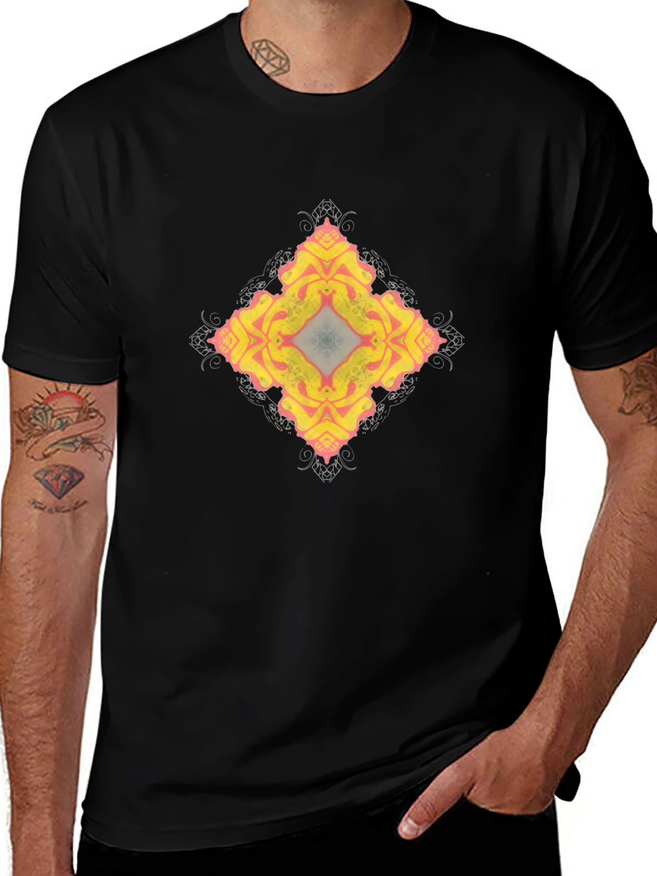 Abstract Floral Pattern Black T-Shirt
