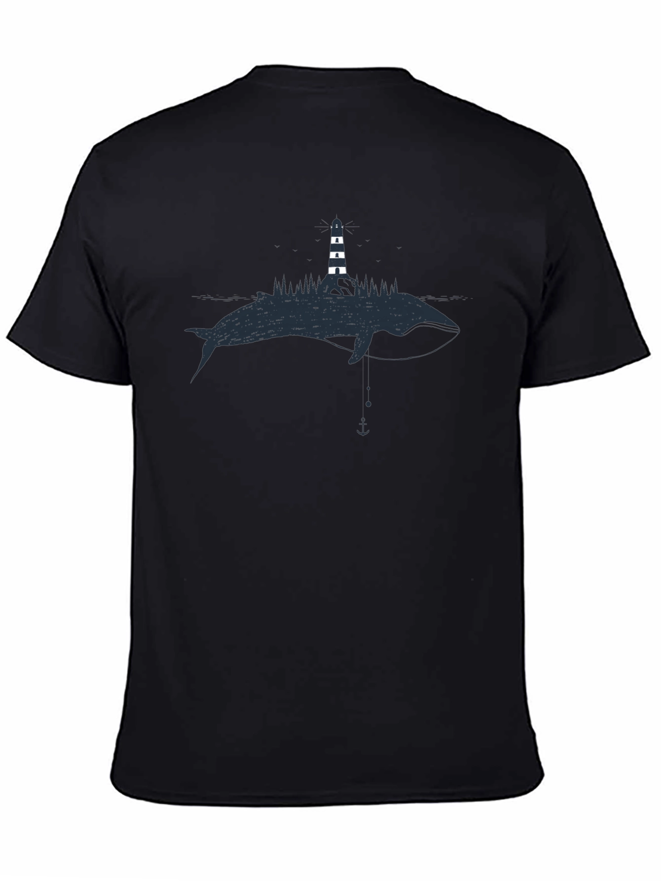 Whale & Lighthouse Graphic Tee - Black Cotton T-Shirt