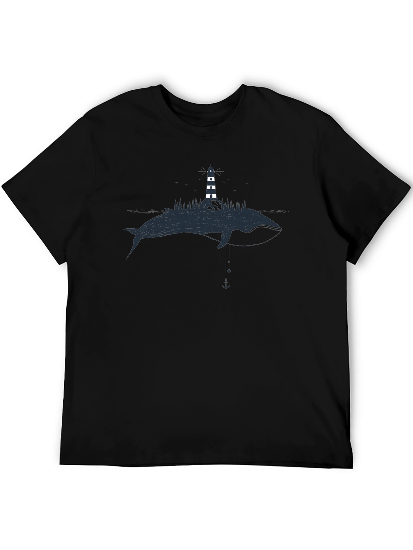 Whale & Lighthouse Graphic Tee - Black Cotton T-Shirt