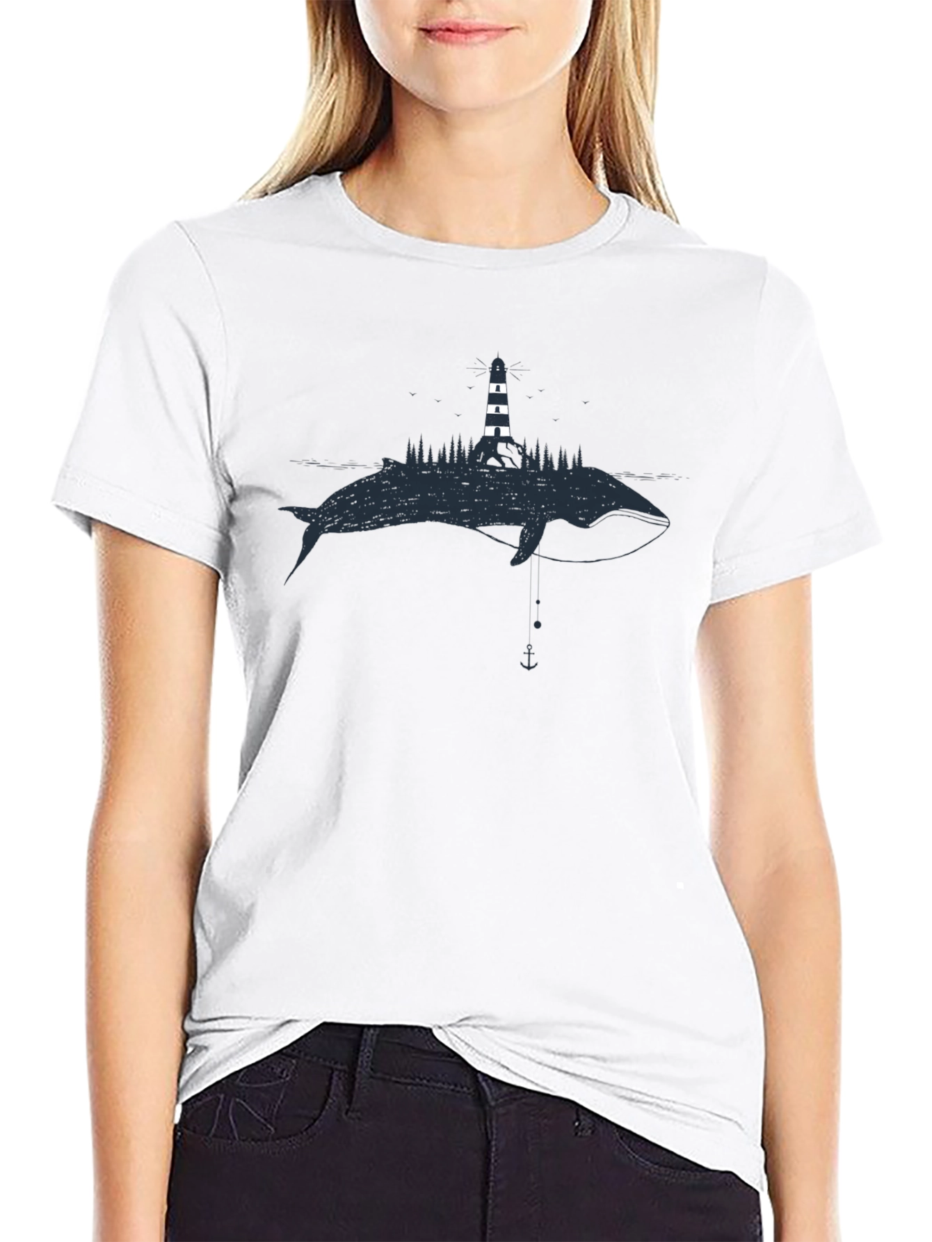Whale & Lighthouse Graphic Tee - Black Cotton T-Shirt