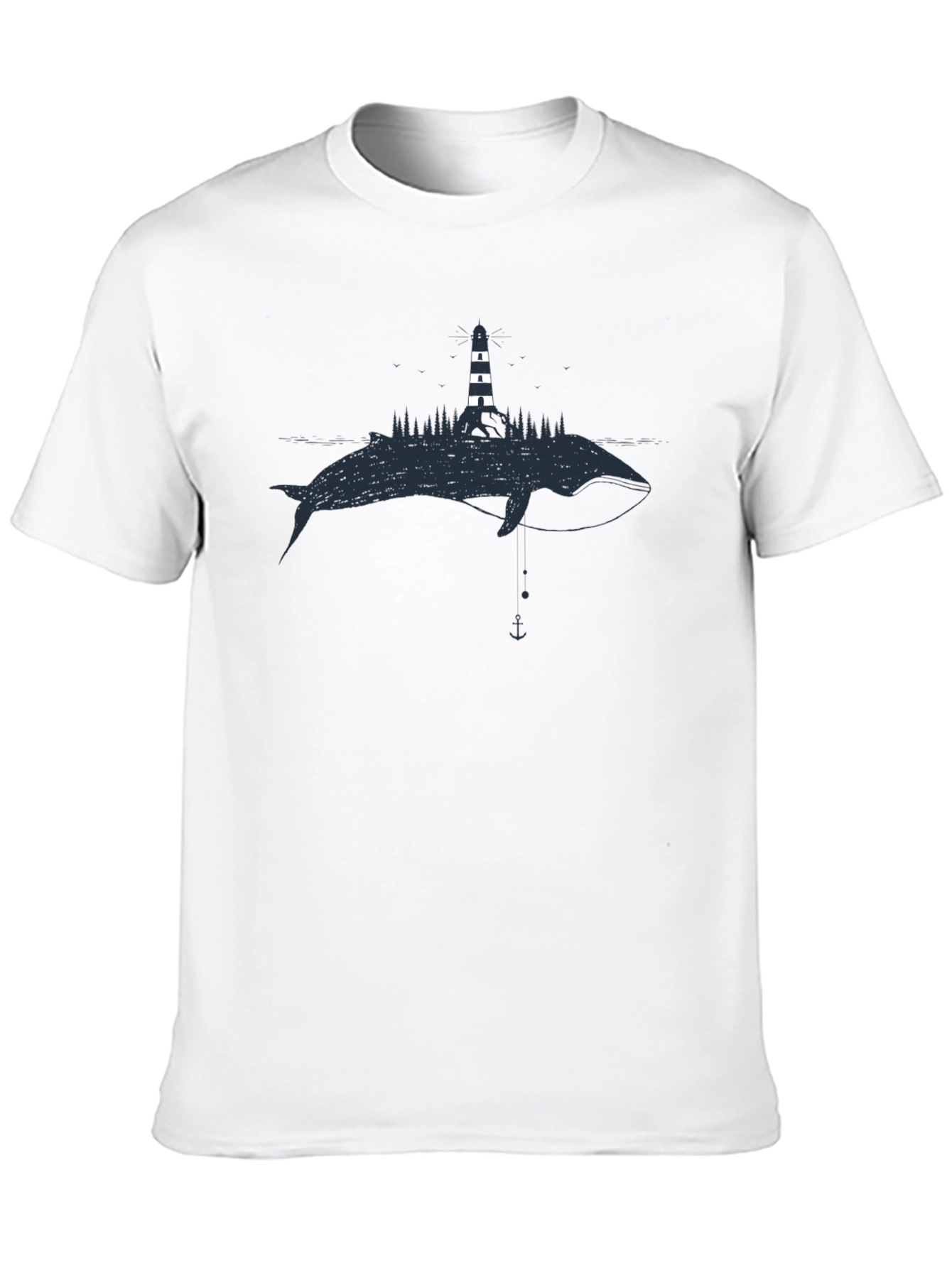 Whale & Lighthouse Graphic Tee - Black Cotton T-Shirt