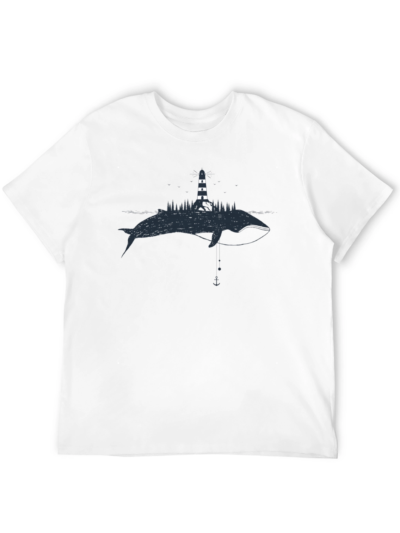 Whale & Lighthouse Graphic Tee - Black Cotton T-Shirt