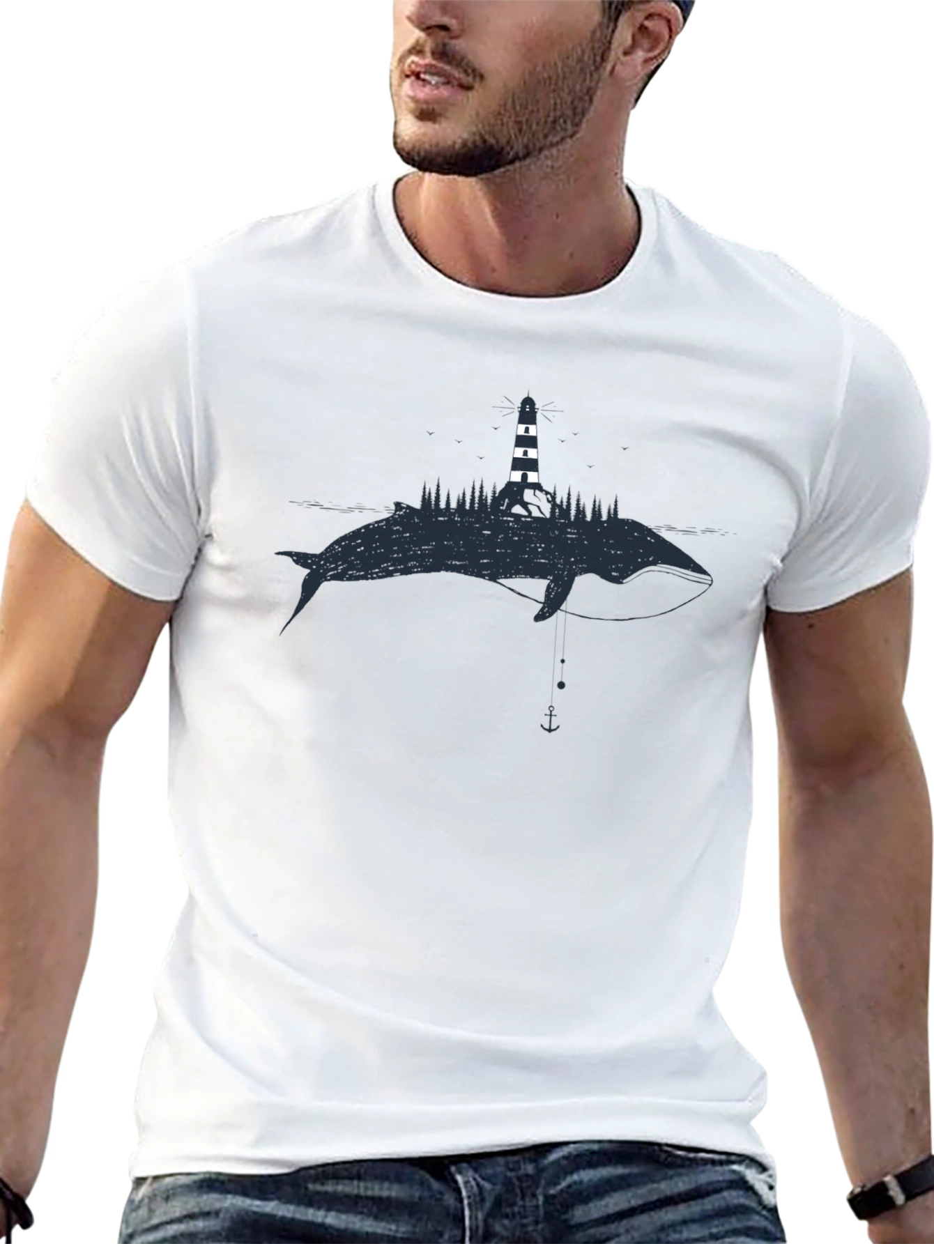 Whale & Lighthouse Graphic Tee - Black Cotton T-Shirt