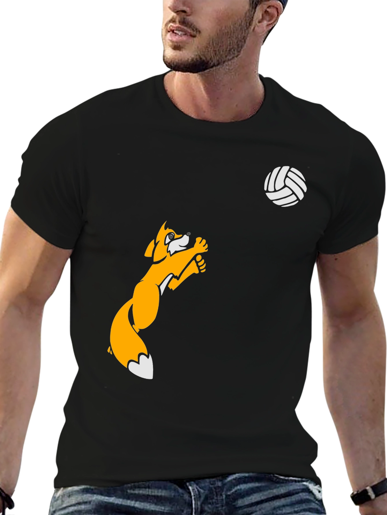Volleyball Fox Graphic Tee - Black Cotton T-Shirt