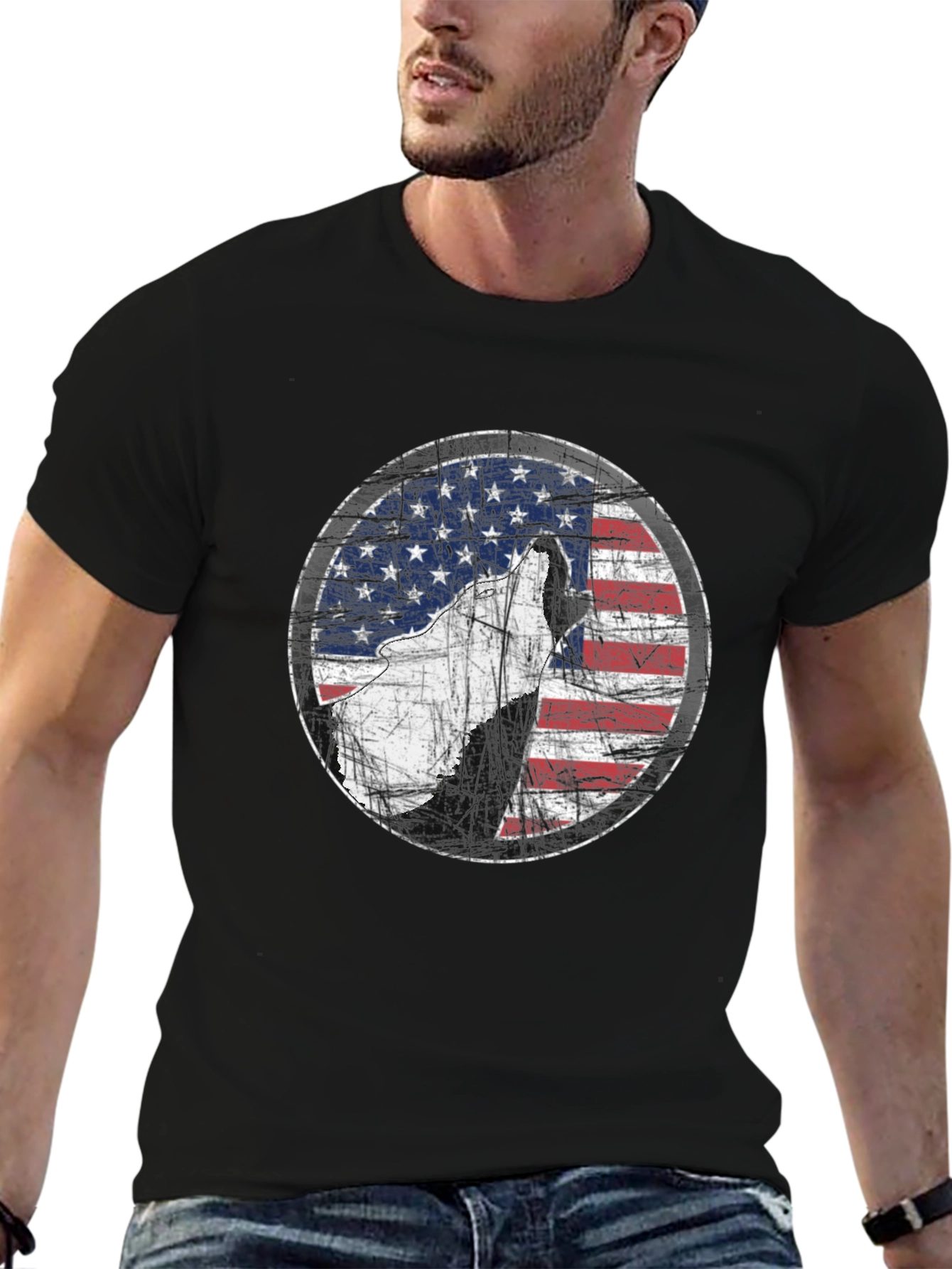 American Flag Wolf Graphic Print Tee