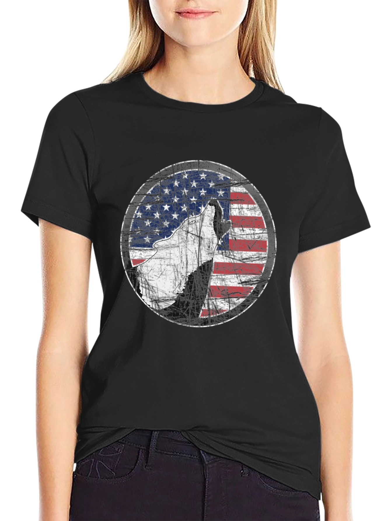 American Flag Wolf Graphic Print Tee