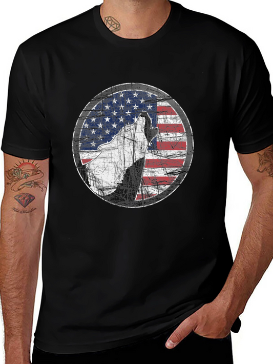 American Flag Wolf Graphic Print Tee