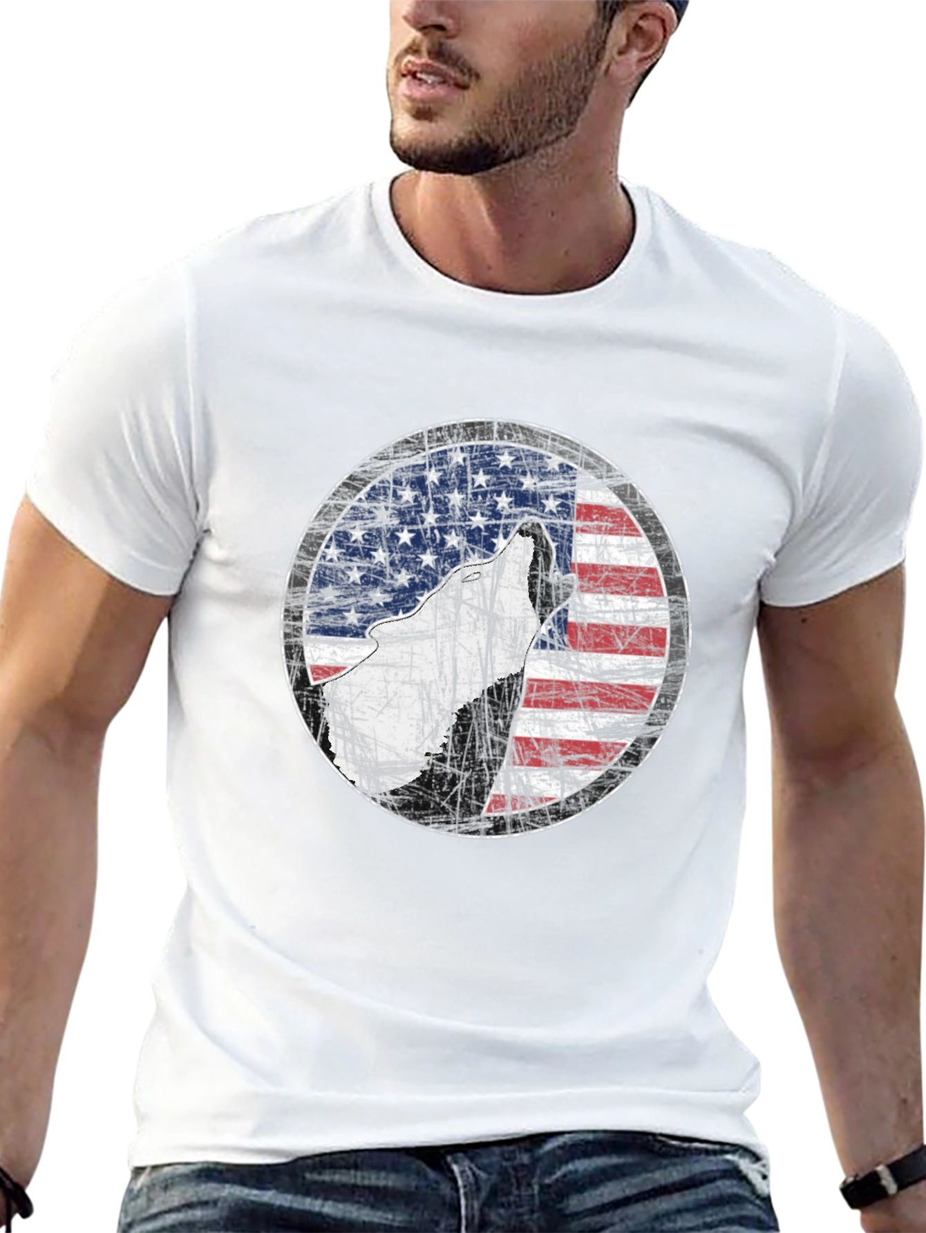 American Flag Wolf Graphic Print Tee