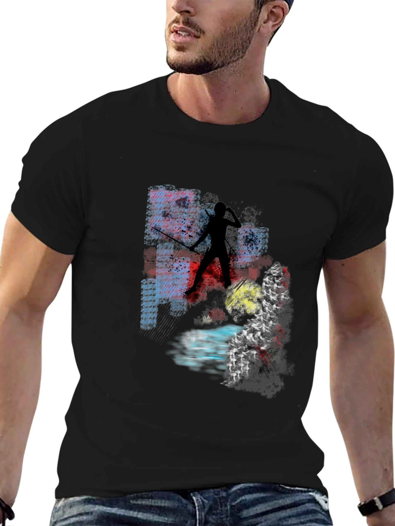 Abstract Warrior Graphic Tee - Black Cotton Blend