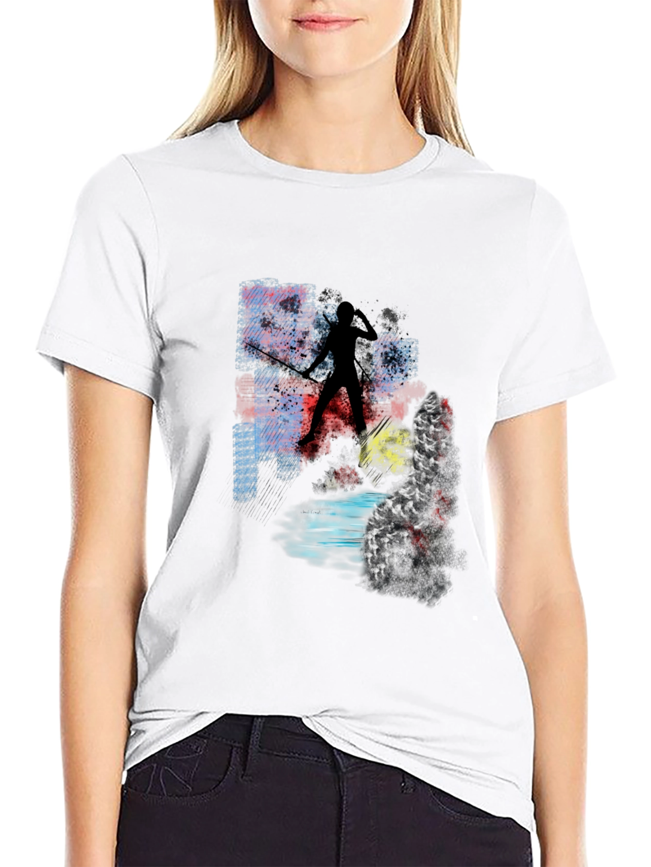 Abstract Warrior Graphic Tee - Black Cotton Blend