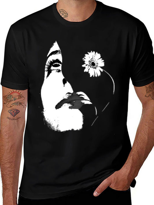 Abstract Face and Flower Graphic Tee - Black